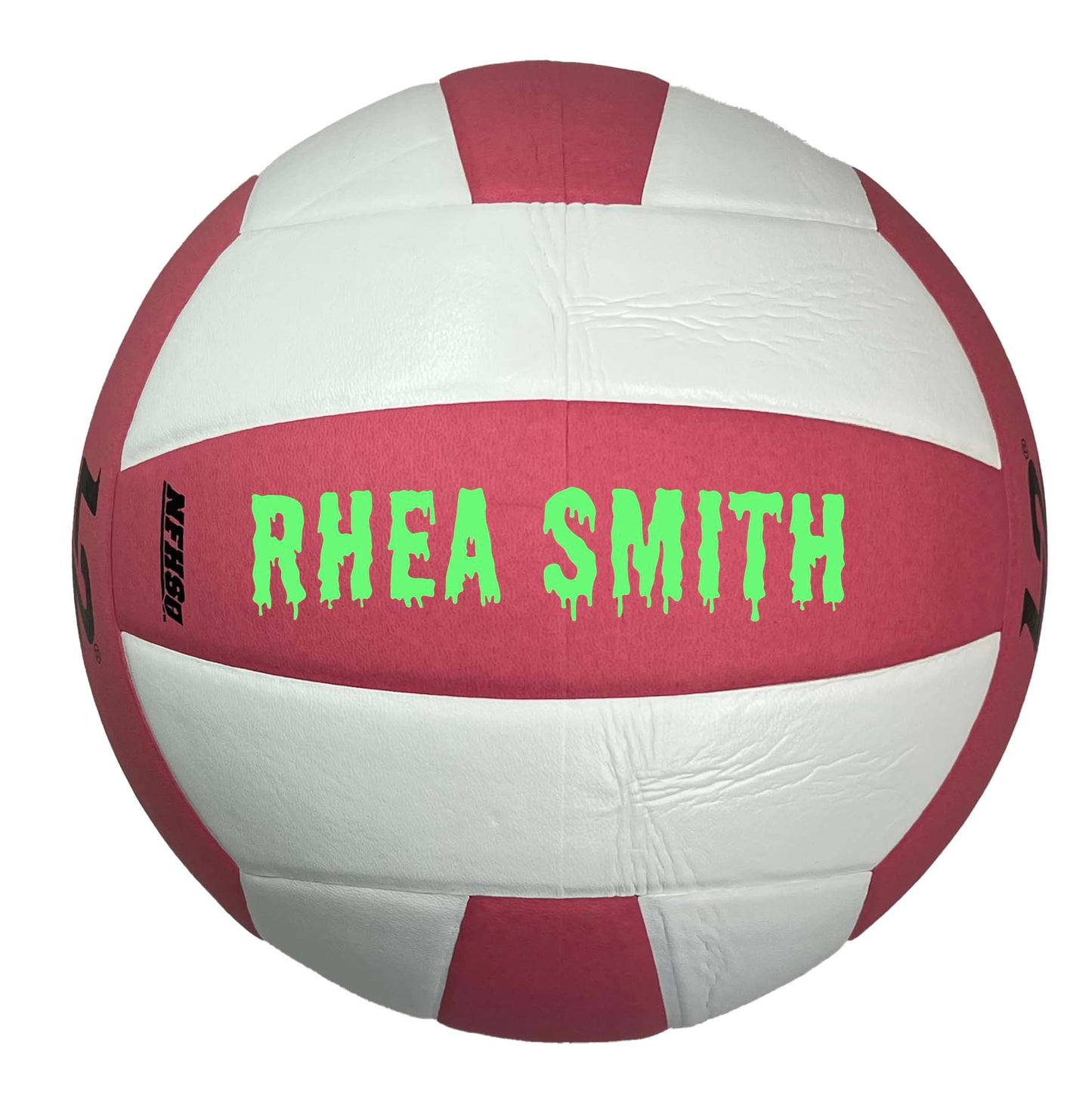 Custom Molten L2 Pink and white Volleyball with Bright green text in Drip font.