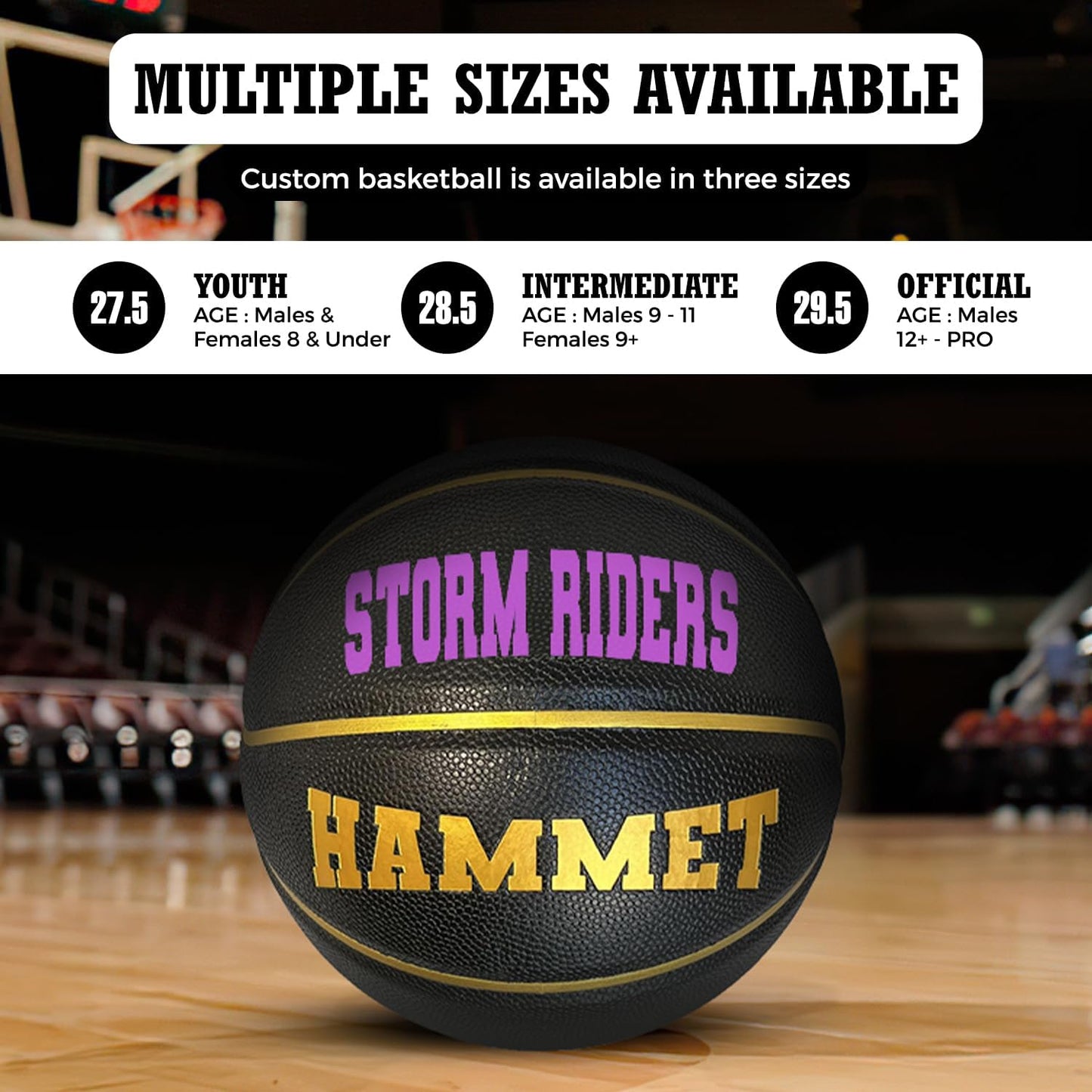 Customized Black and Gold Basketball with Multiple Sizes