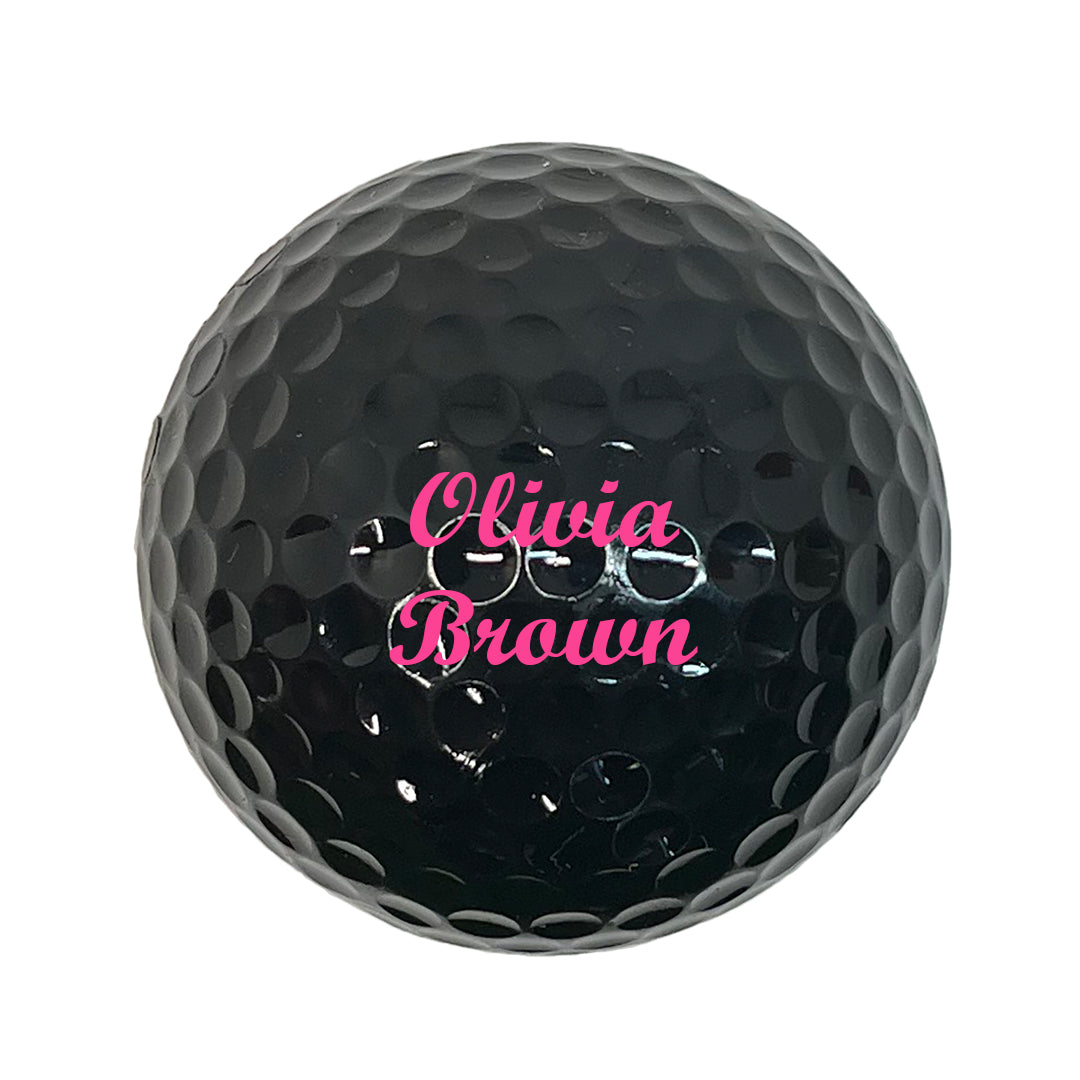 Customized Personalized Black Golf Ball 12 Pack Script MT Bold in Pink