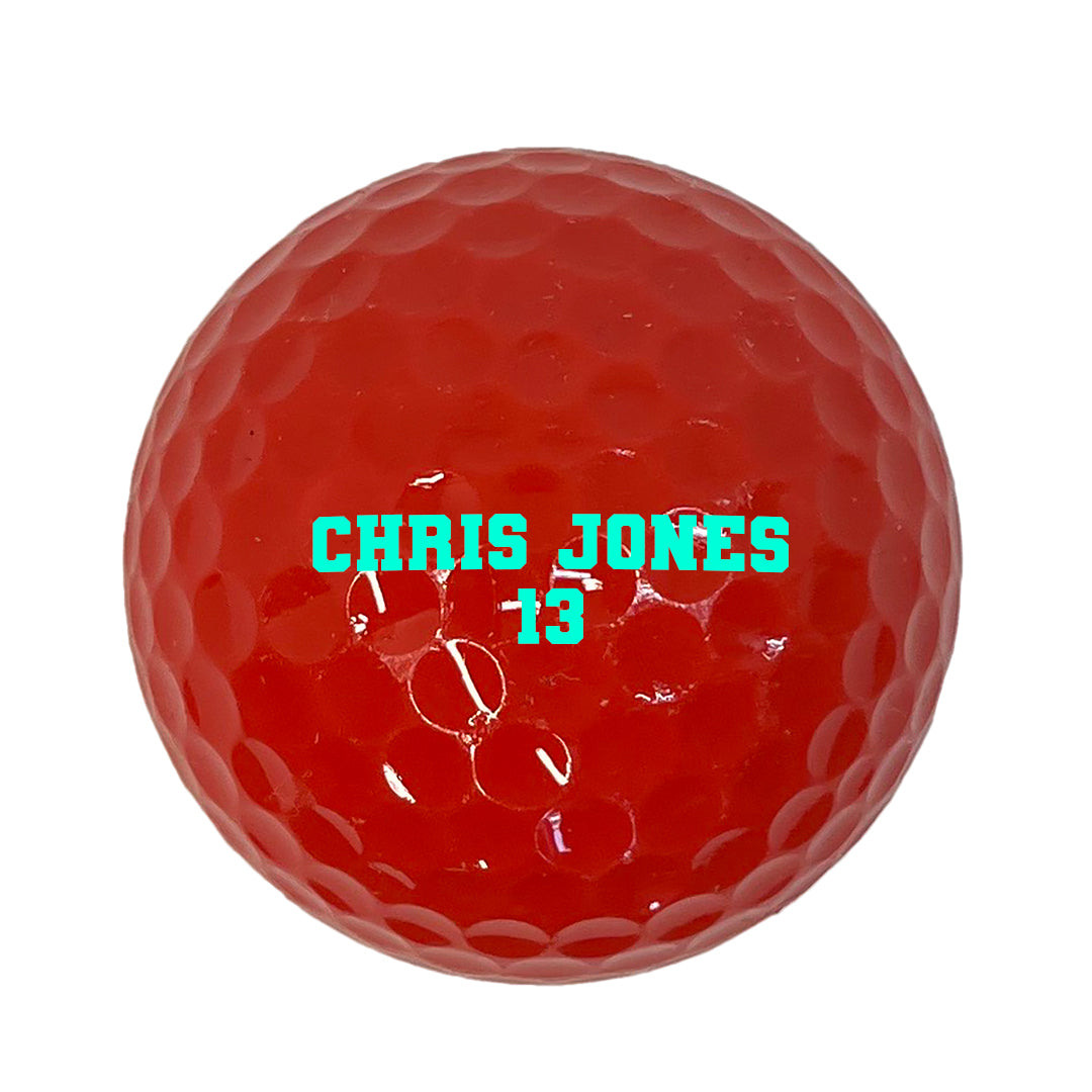 Customized Personalized Red Golf Balls 3 pack Glow in the dark in varsity team font