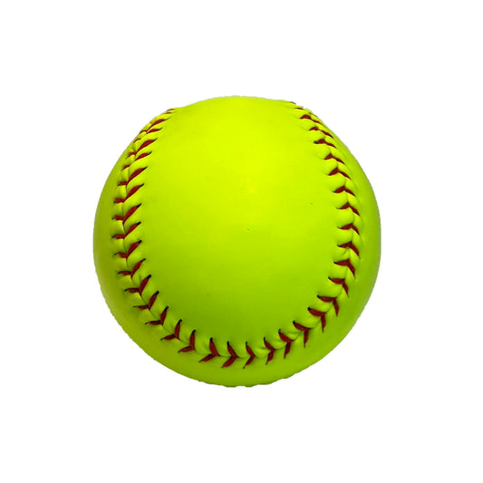 Yellow softball blank with red stitching on a white background