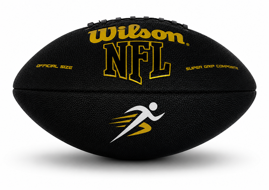 Customized Personalized Wilson Black and Gold Football with a custom logo printed on the bottom panel.