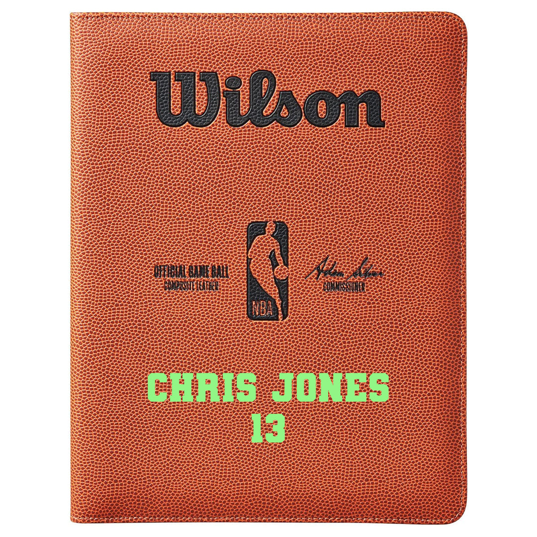 Customized Wilson NBA Basketball Padfolio in Bright Green, varsity font in 2 lines text