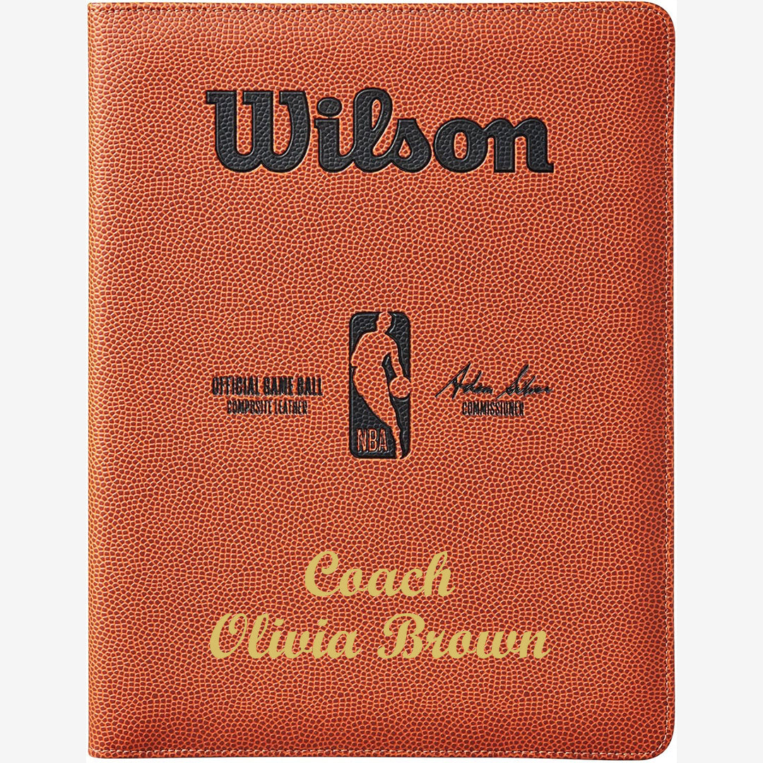 Customized Wilson NBA Basketball Padfolio in Script MT Bold in two lines color Gold