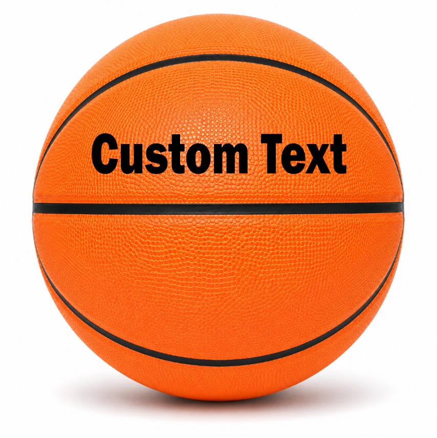Customized Orange Outdoor Basketball, Rubber Ball with custom text on the top panel.