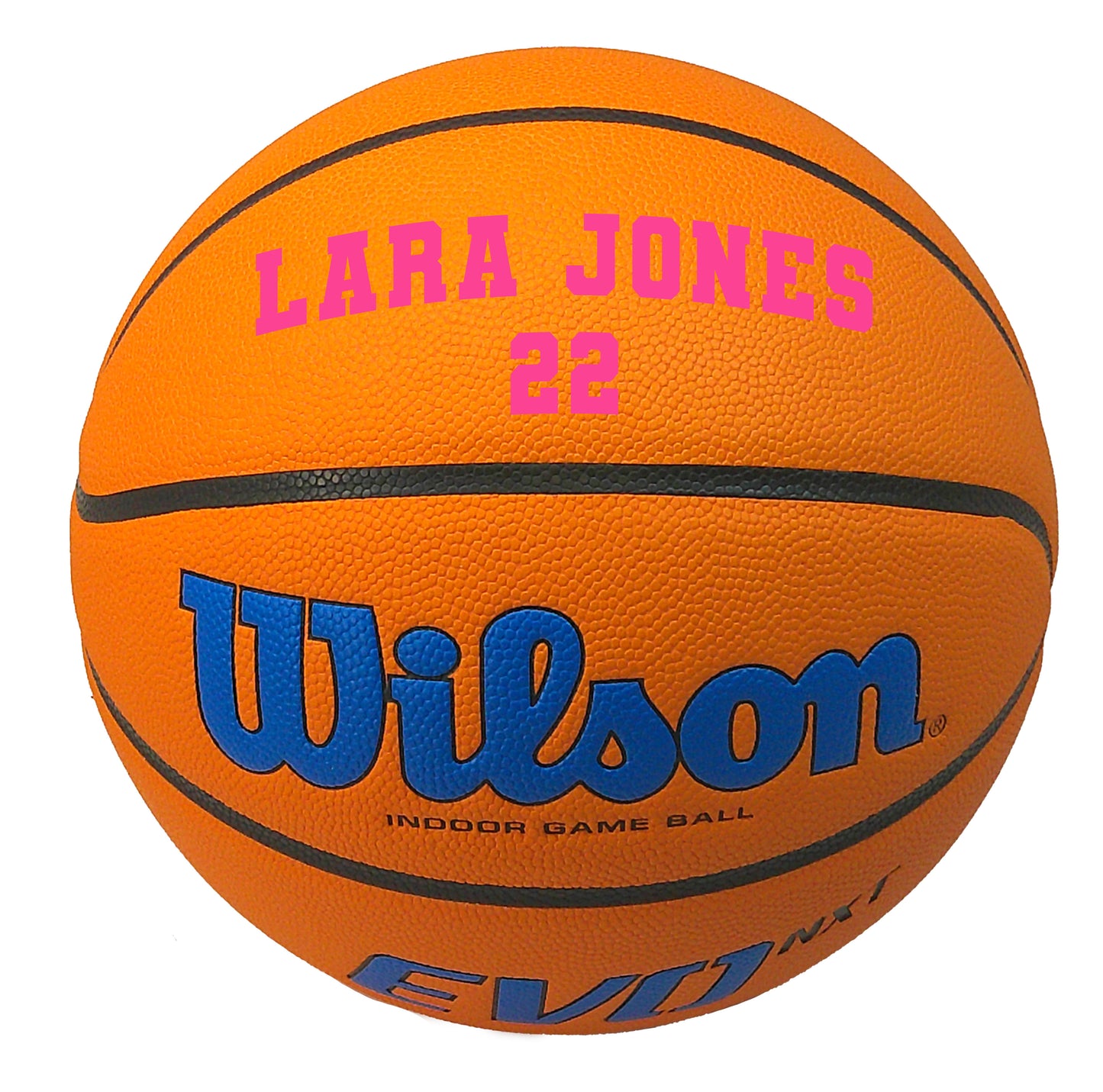 Customized Wilson NCAA EVO NXT Basketball Blue with Pink Text