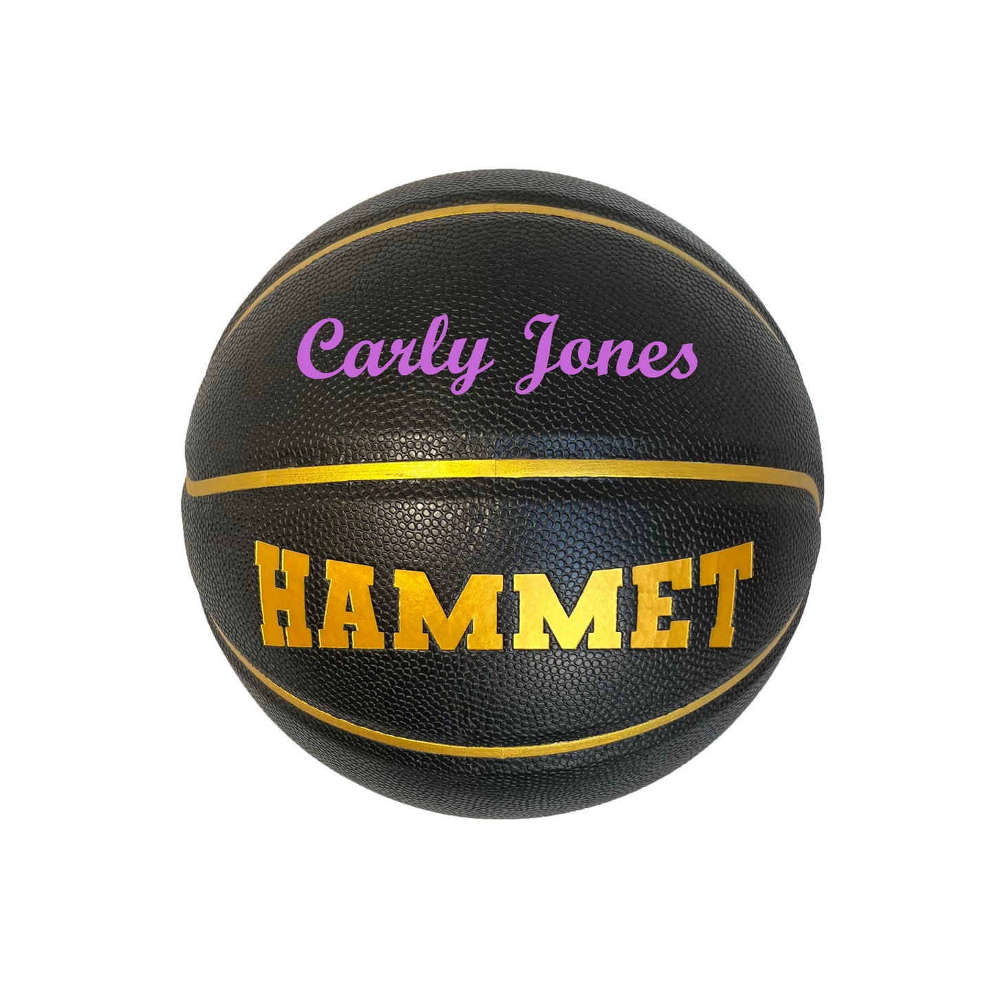 Customized Black and Gold Basketball Purple Text