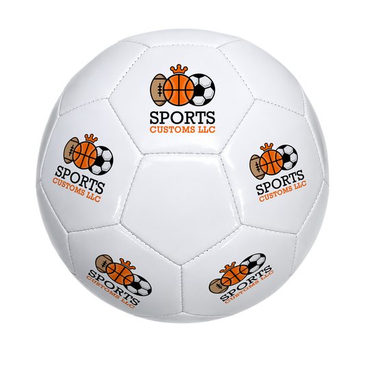 Personalized All White Soccer Ball featuring UV-printed custom logo and personalized text. White soccer ball customized for business branding, corporate giveaways, team gifts, coach appreciation, promotional events, and unique personalized gifts.