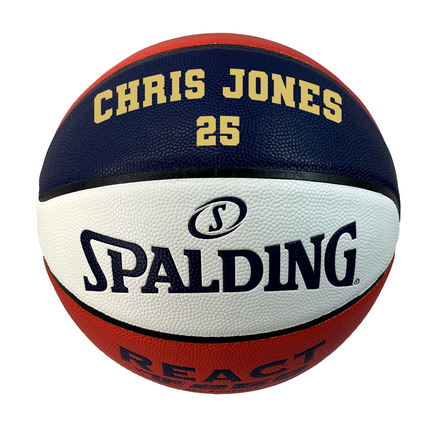 Spalding Red White and Blue TF250 Basketball with Gold Text