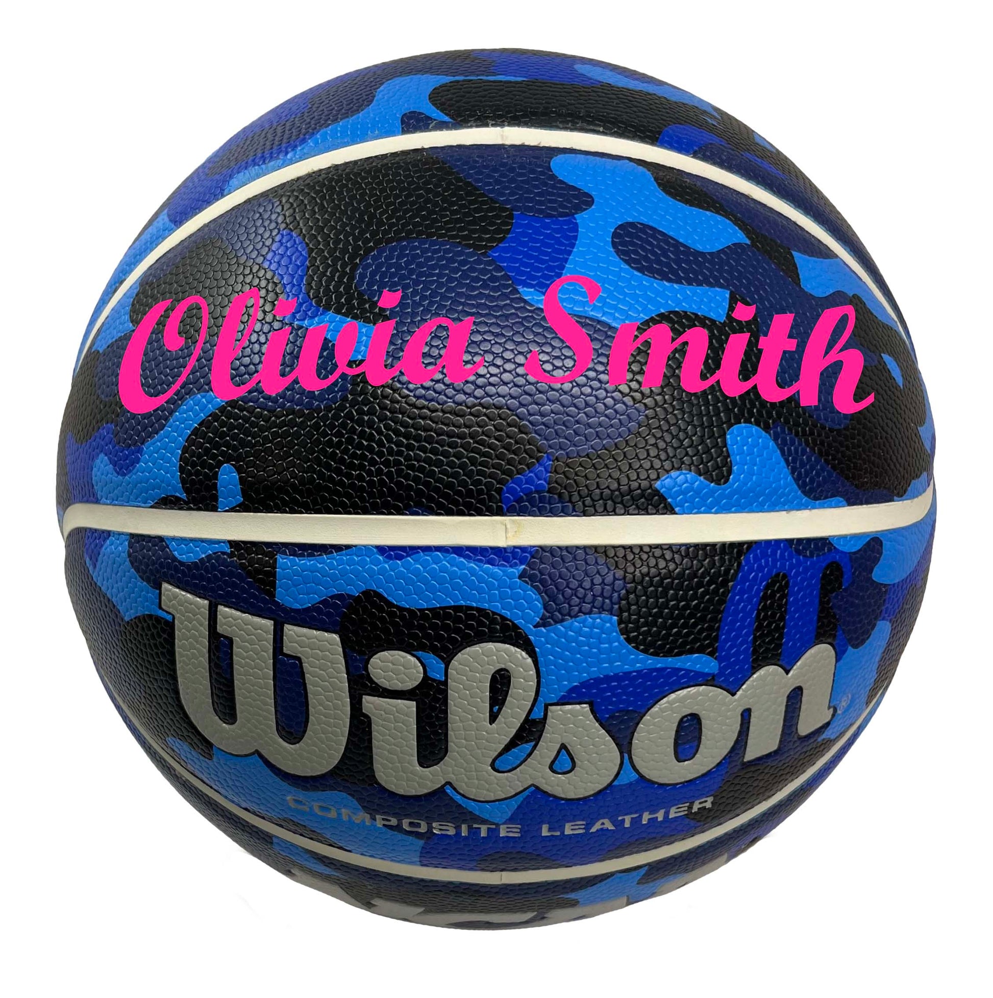 Customized Wilson Blue Camo NCAA Legend Basketball Script MT Bold Font in color Pink.