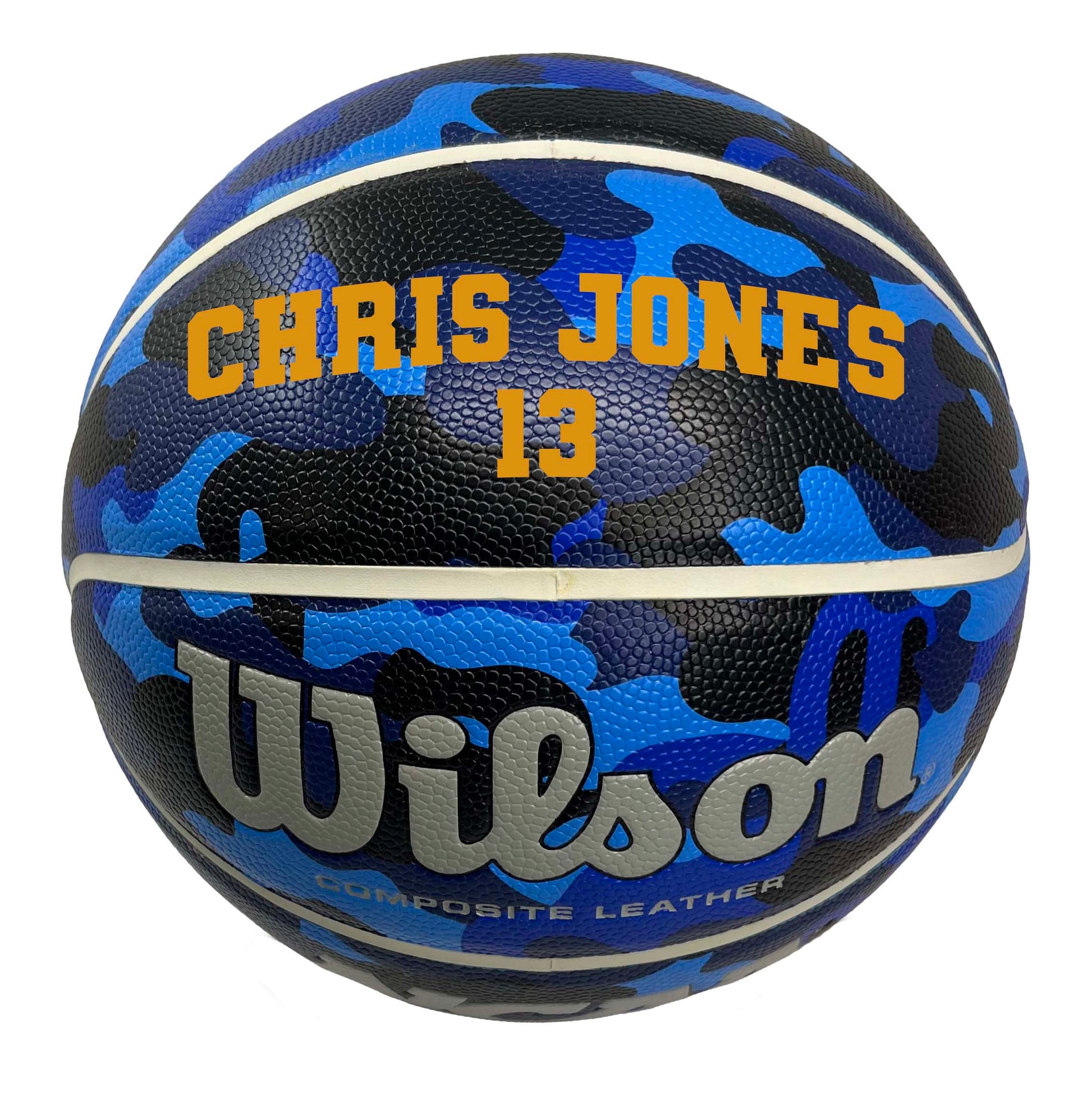 Customized Wilson Blue Camo NCAA Legend Basketball Varsity Team Font in Color Mustard Yellow.