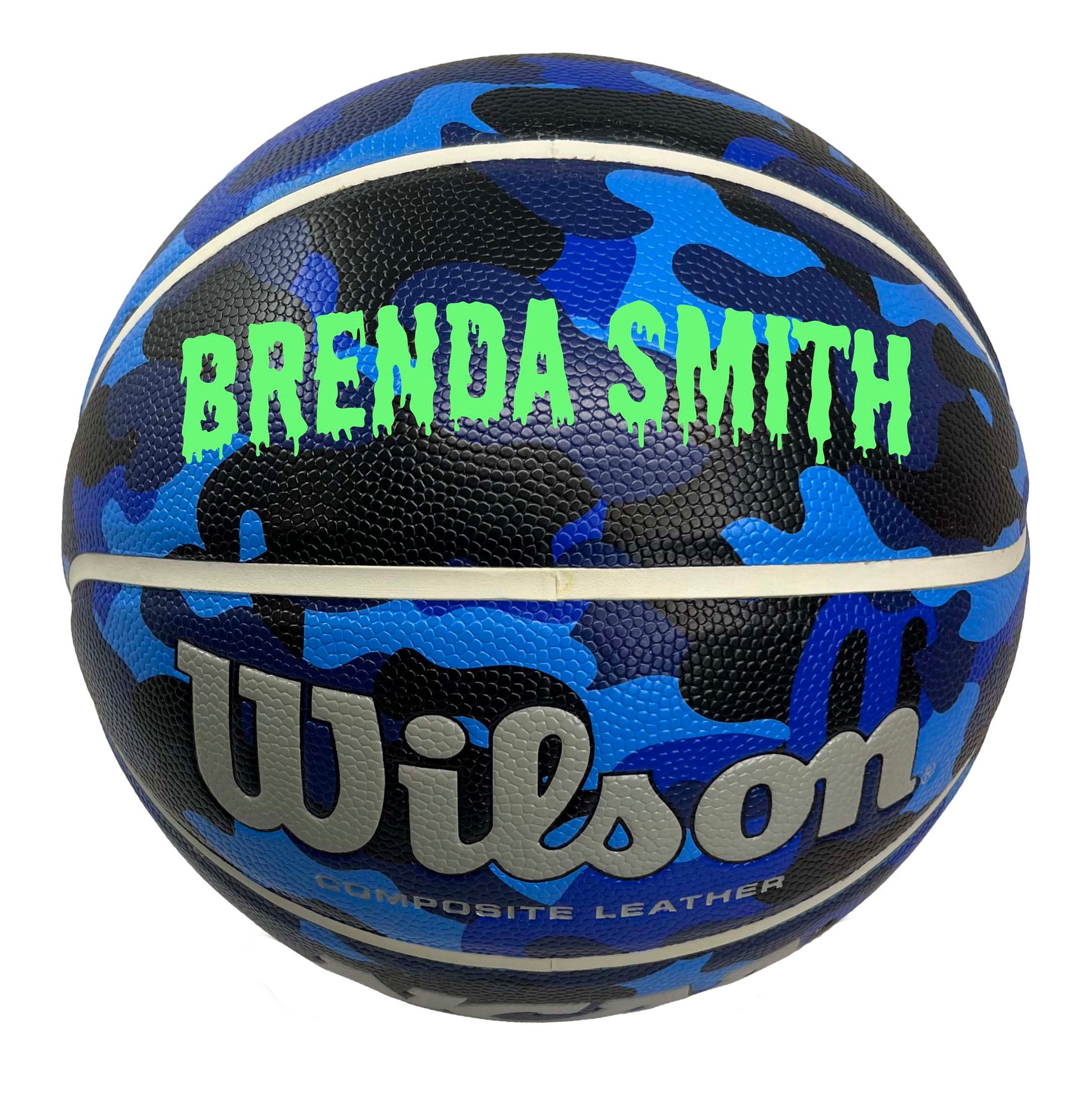 Customized Wilson Blue Camo NCAA Legend Basketball Dript Font in color Bright Green.