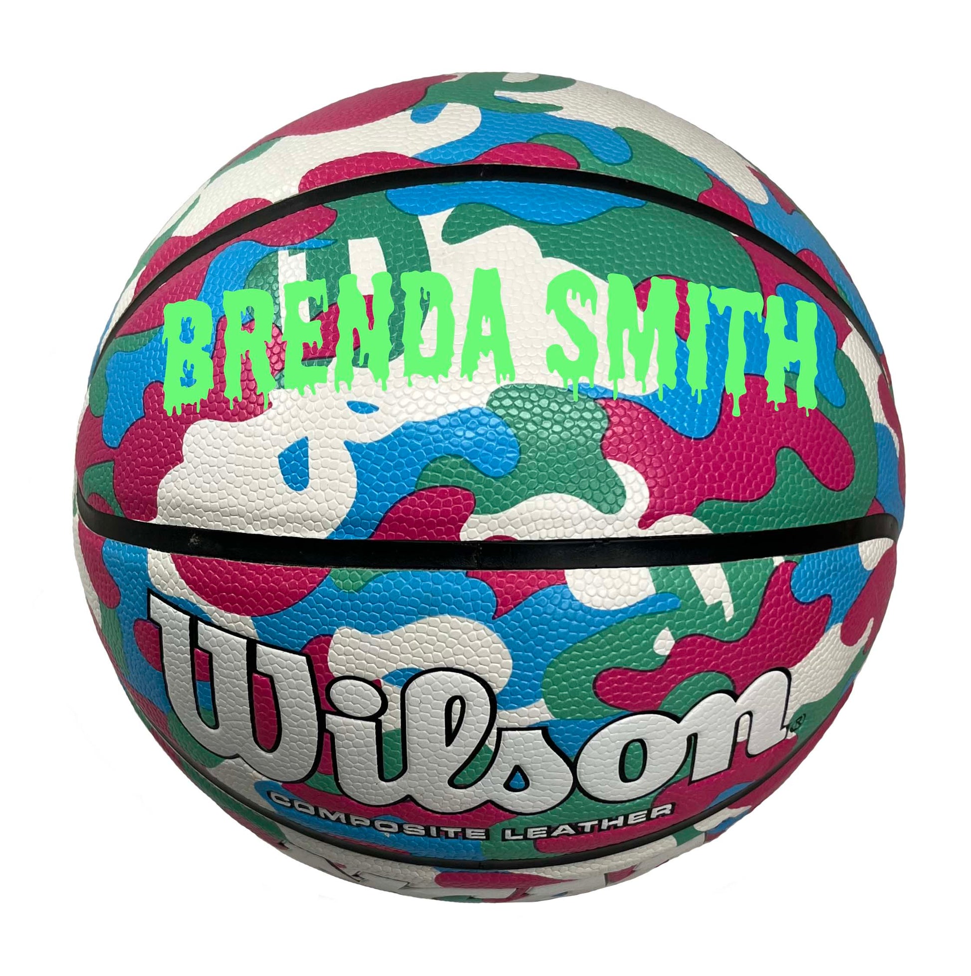 Customized Wilson Pink Camo NCAA Legend Basketball Dript Font in Color Bright Green.