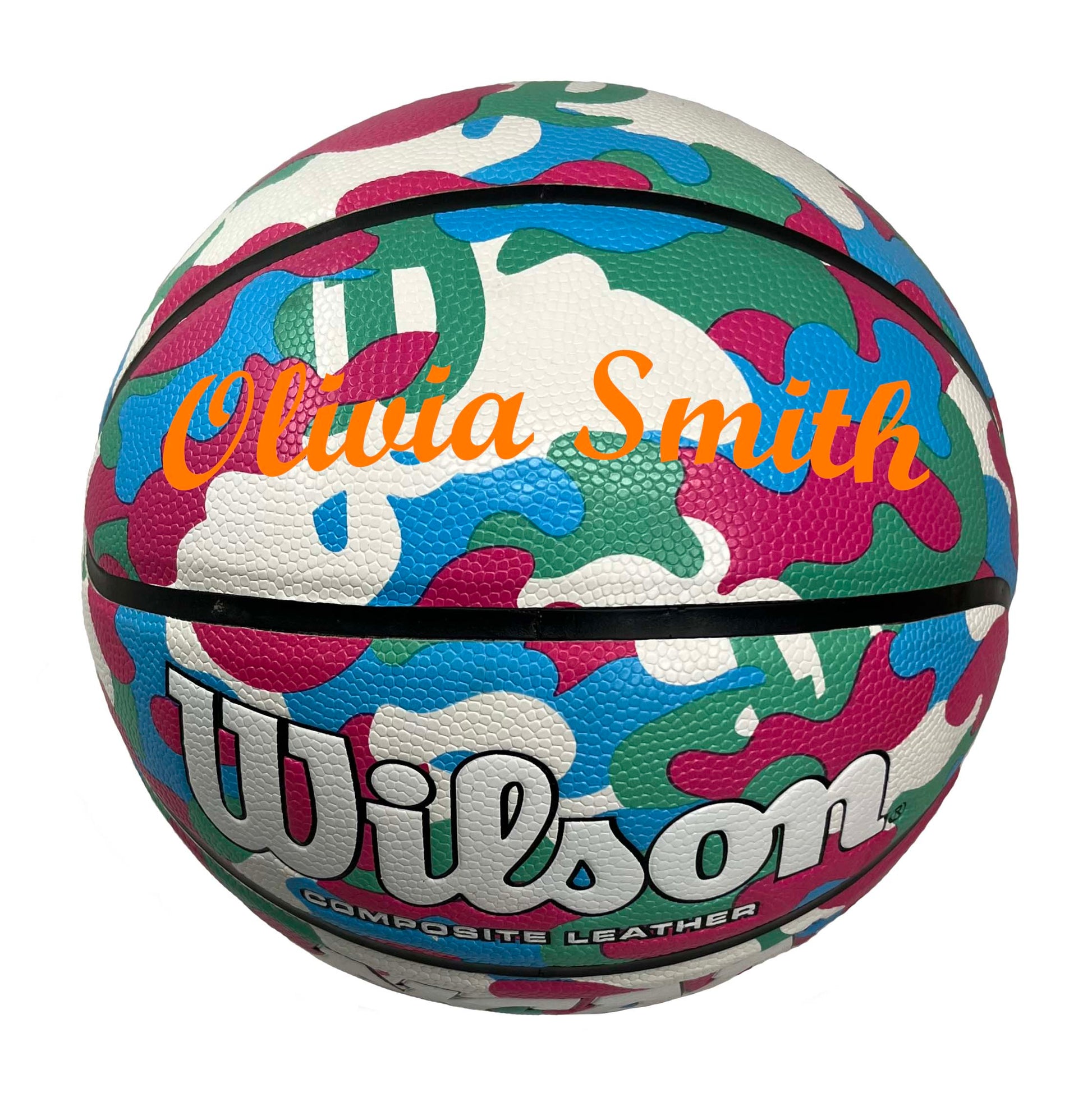 Customized Wilson Pink Camo NCAA Legend Basketball Script MT Bold Font in color Orange.