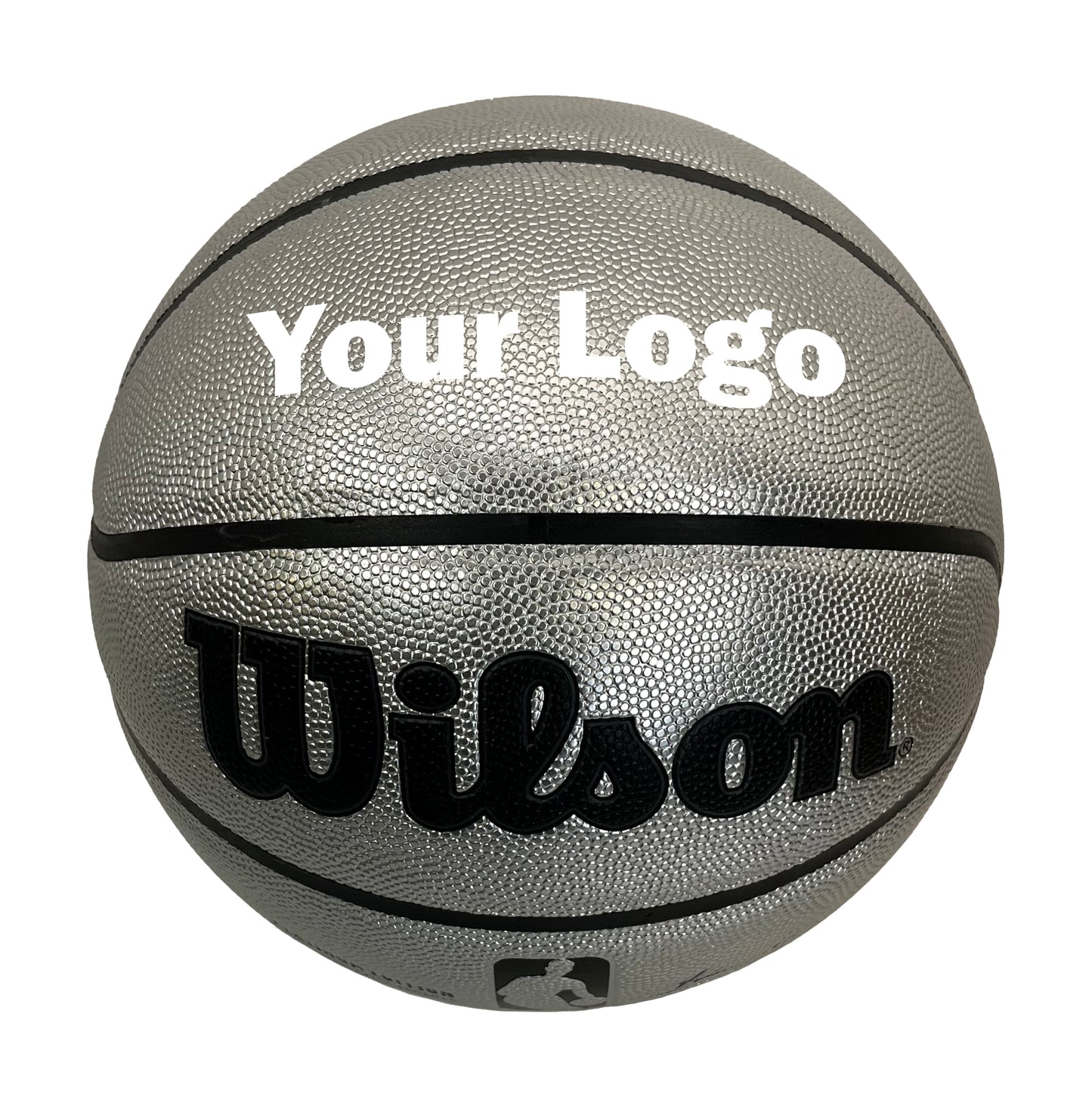 Customized Personalized Wilson Platinum Silver and Black Basketball in white text