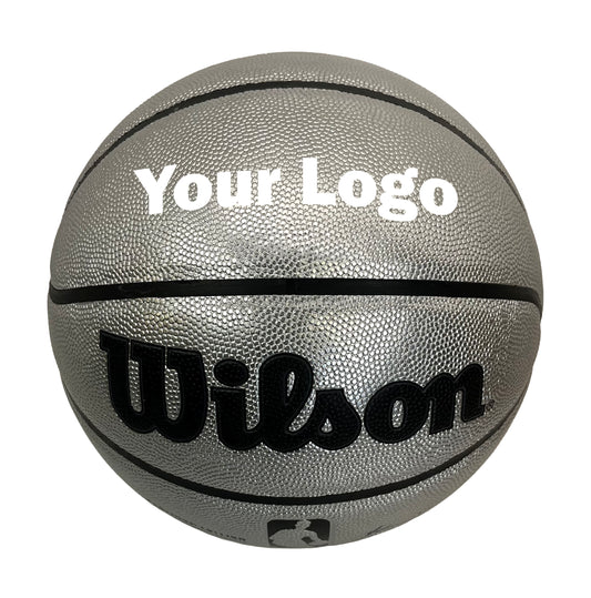 Customized Personalized Wilson Platinum Silver and Black Basketball in white text