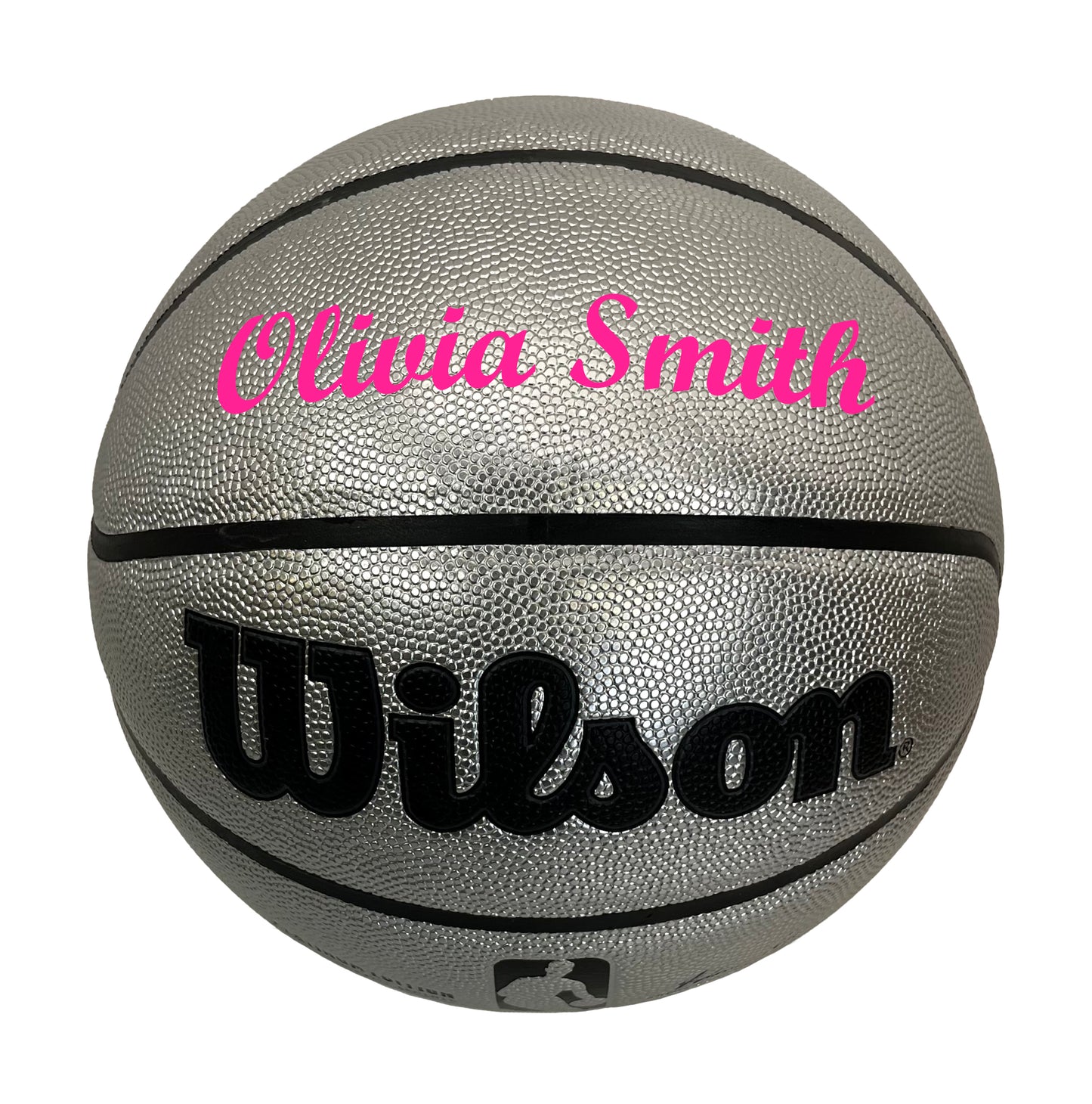 Customized Personalized Wilson Platinum Silver and Black Basketball in SCRIPT MT FONT in color pink text.
