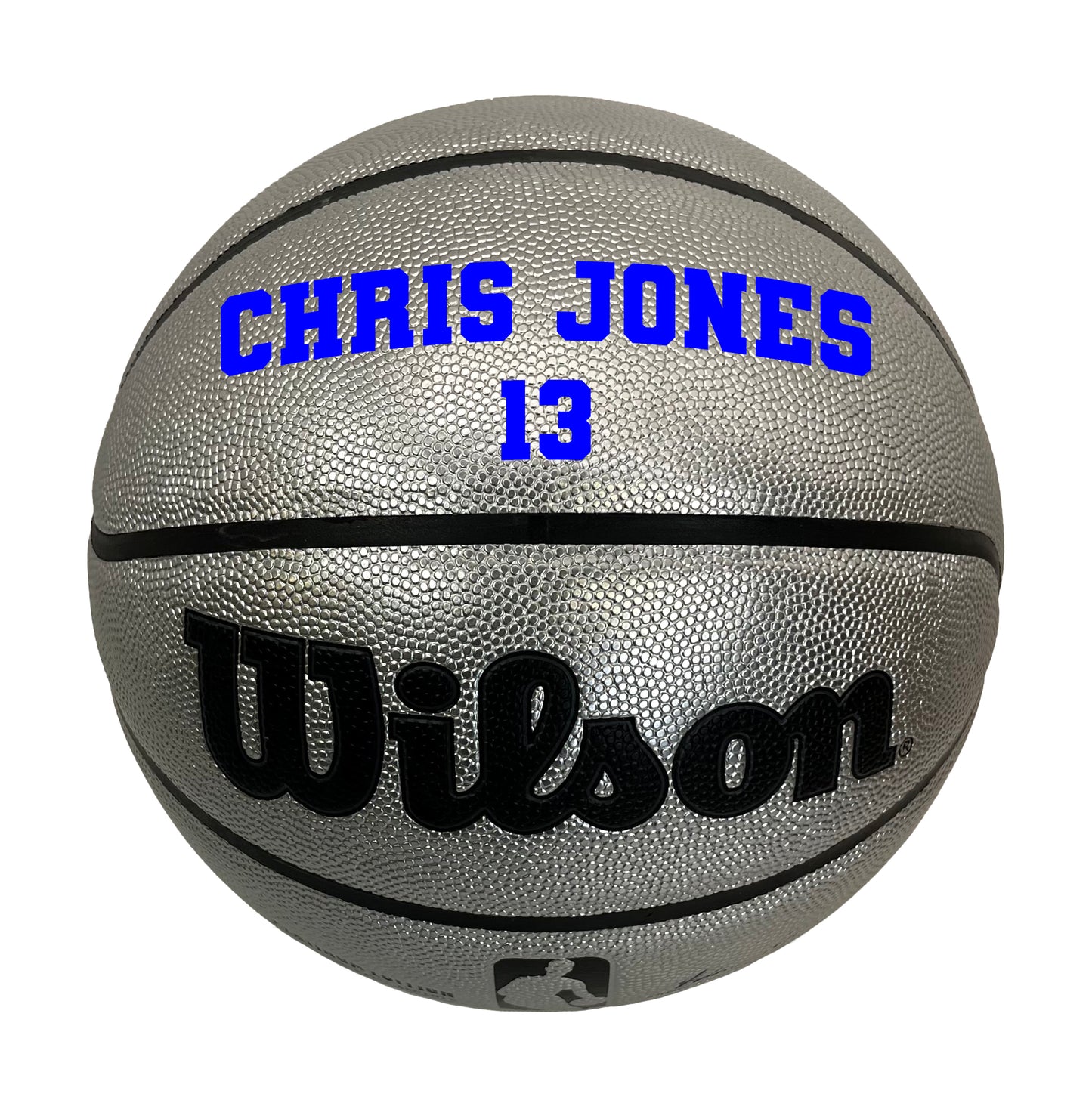 Customized Personalized Wilson Platinum Silver and Black Basketball in VARSITY TEAM FONT in color blue 2 lines text
