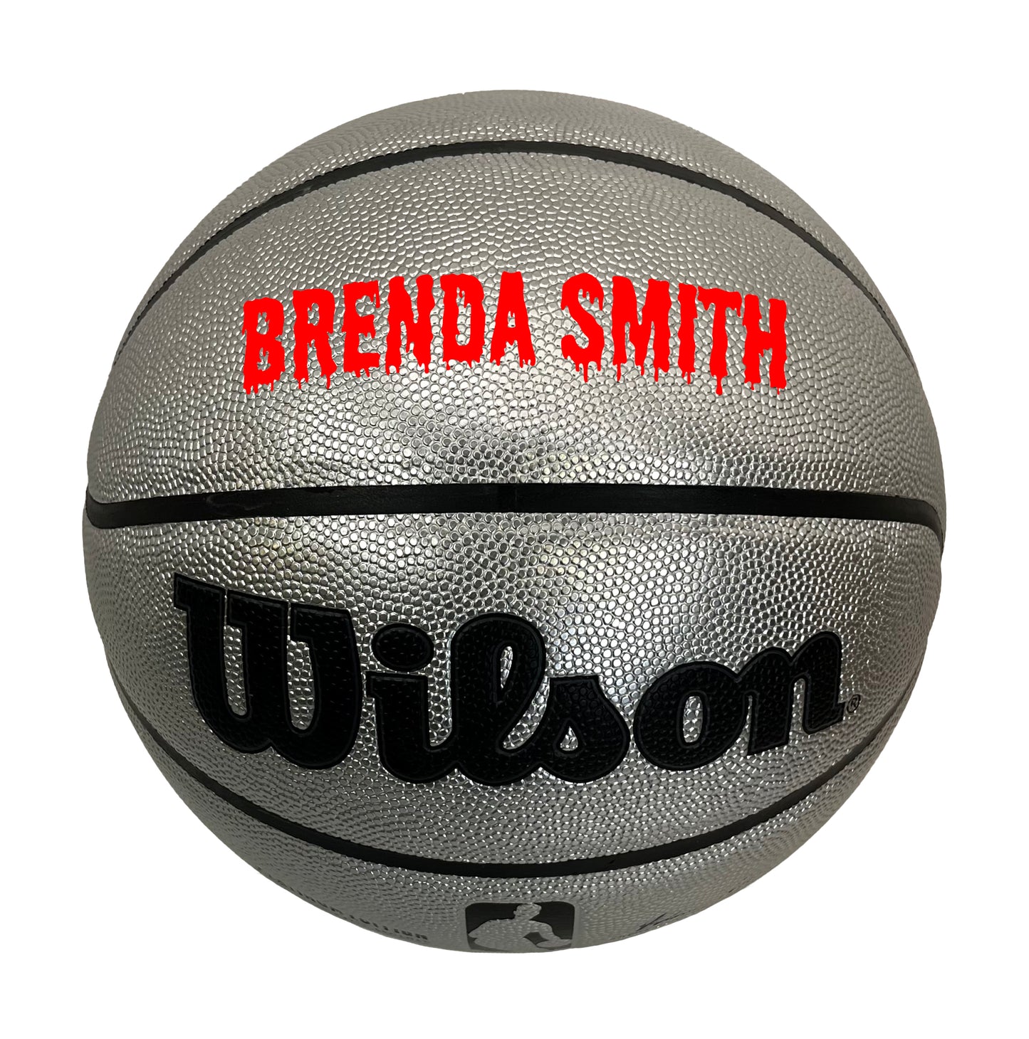 Customized Personalized Wilson Platinum Silver and Black Basketball in DRIP FONT color red text.