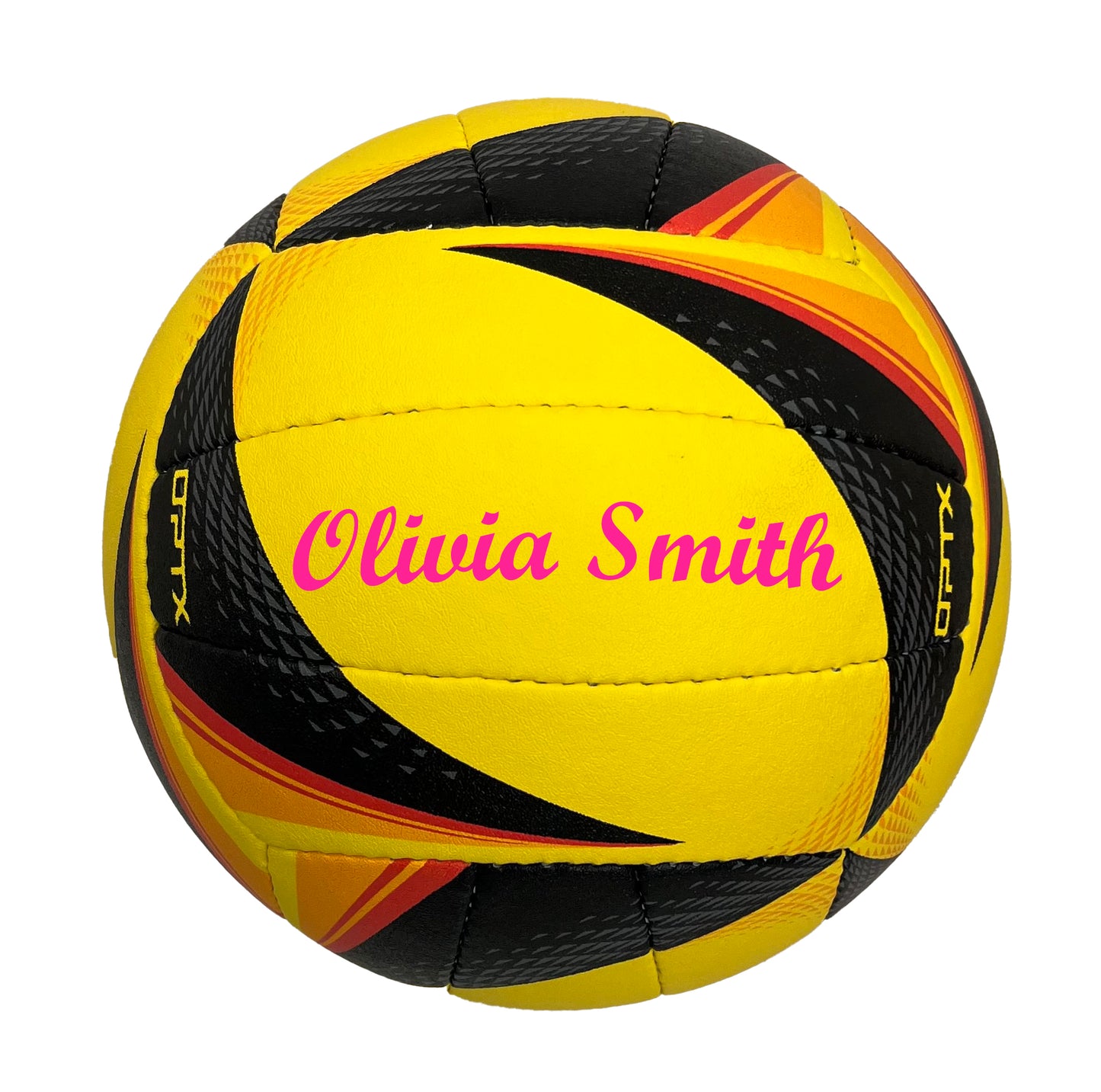 Customized Personalized Wilson NCAA OPTX Soft Play Game Volleyball black and yellow in Script MT Font in color pink.
