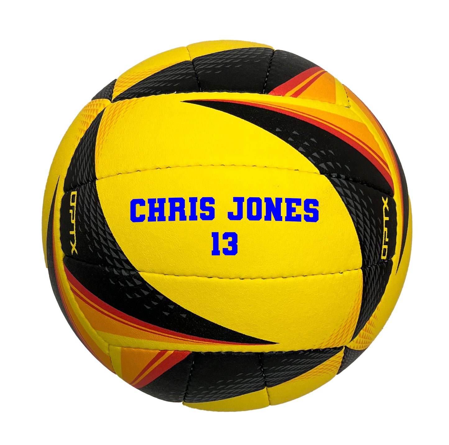Customized Personalized Wilson NCAA OPTX Soft Play Game Volleyball black and yellow in VARSITY TEAM Font in color blue (2 lines text).