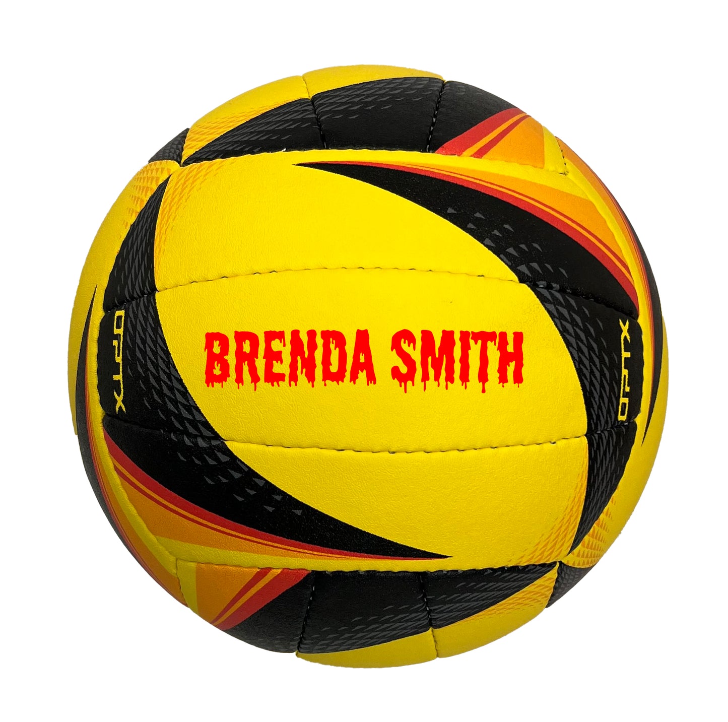 Customized Personalized Wilson NCAA OPTX Soft Play Game Volleyball black and yellow in DRIP FONT Text in color red.