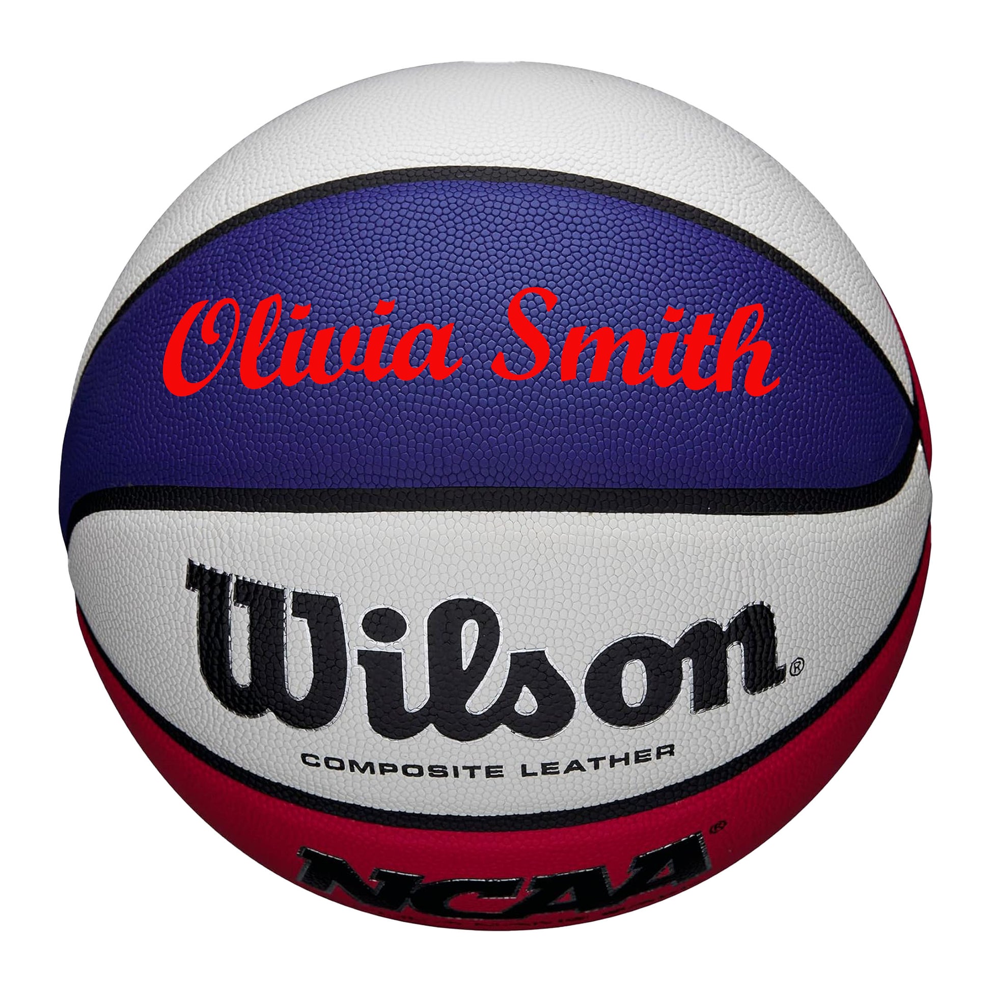 Customized Wilson Red White and Blue Basketball with Red Text