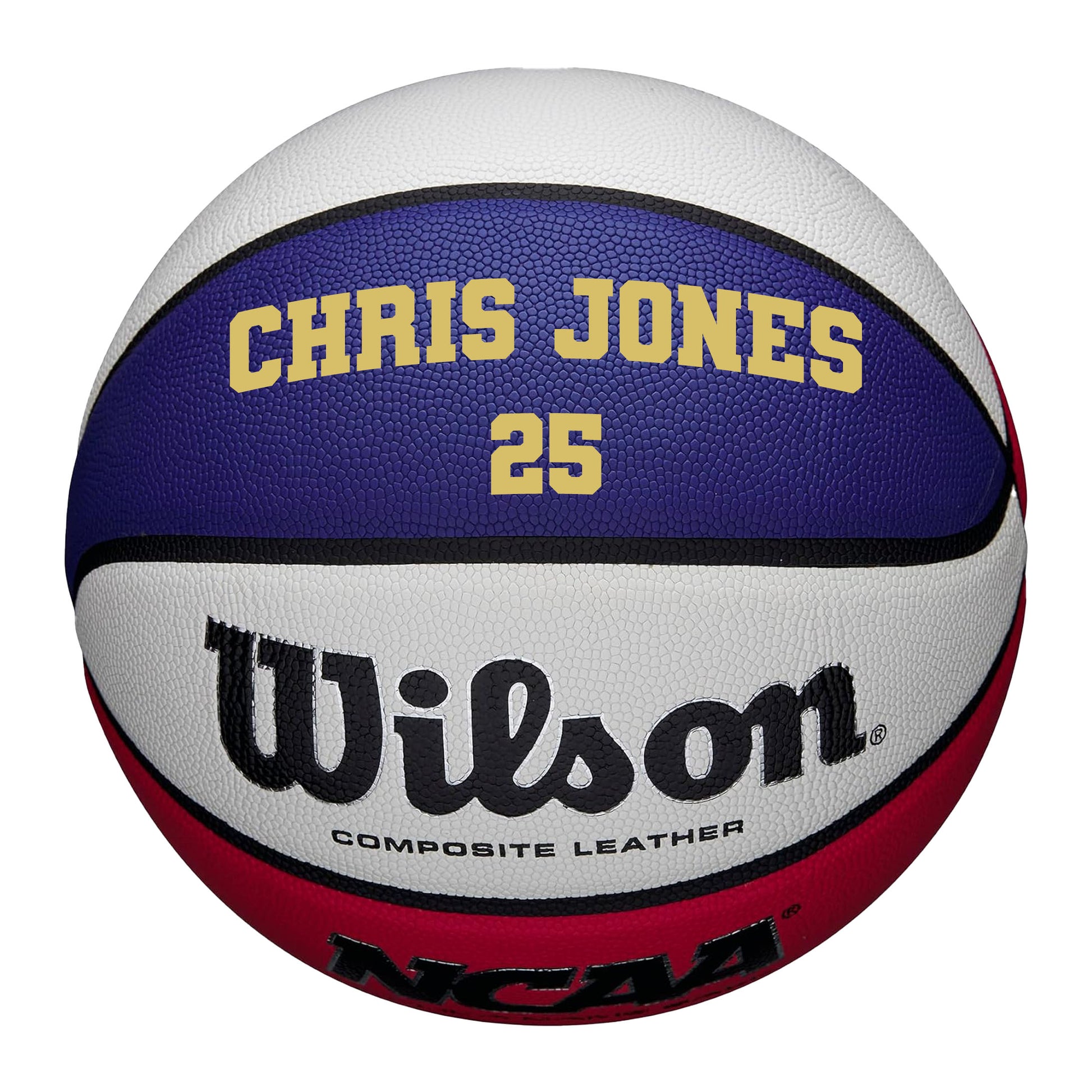 Customized Wilson Red White and Blue Basketball with Gold Text