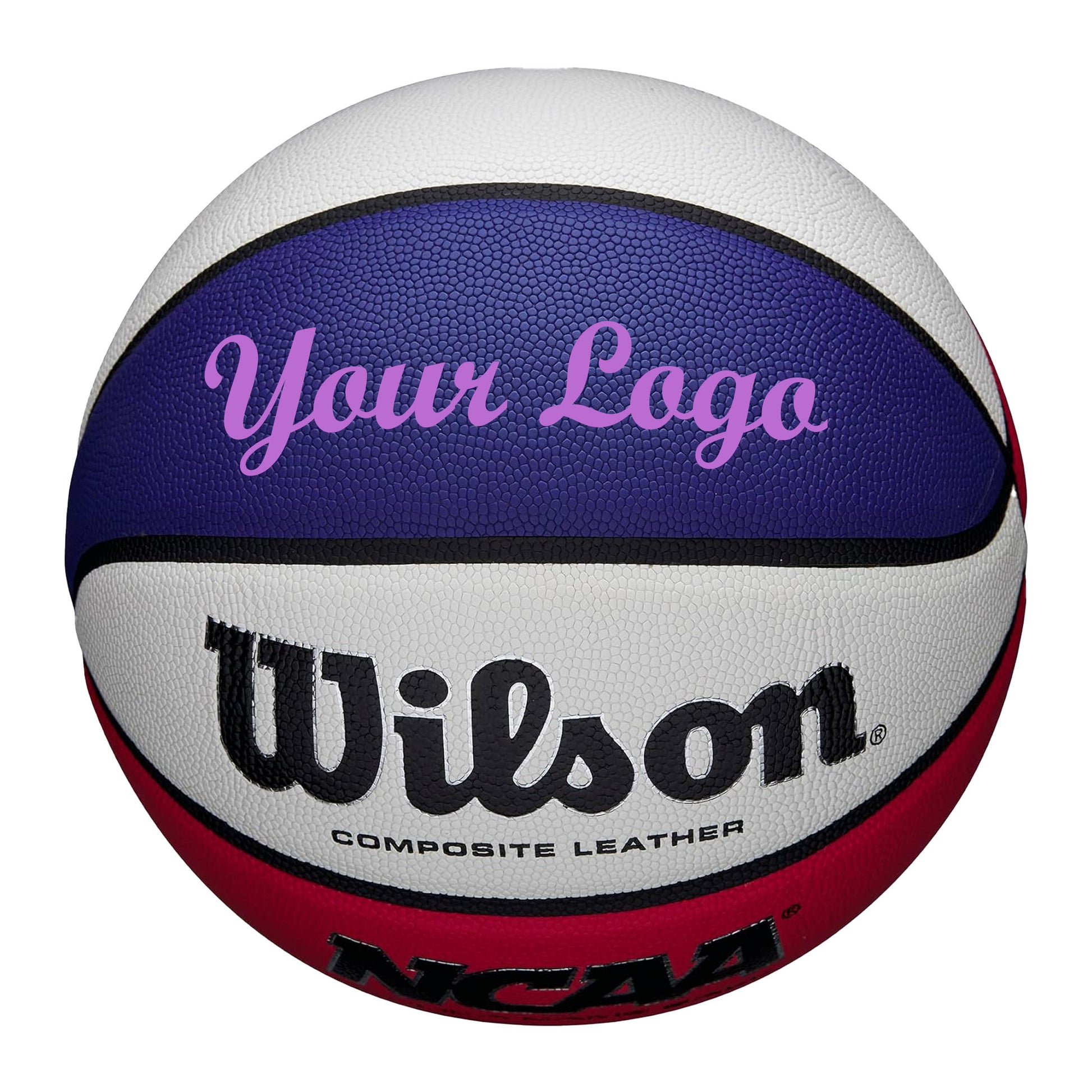 Customized Wilson Red White and Blue Basketball with Purple Text