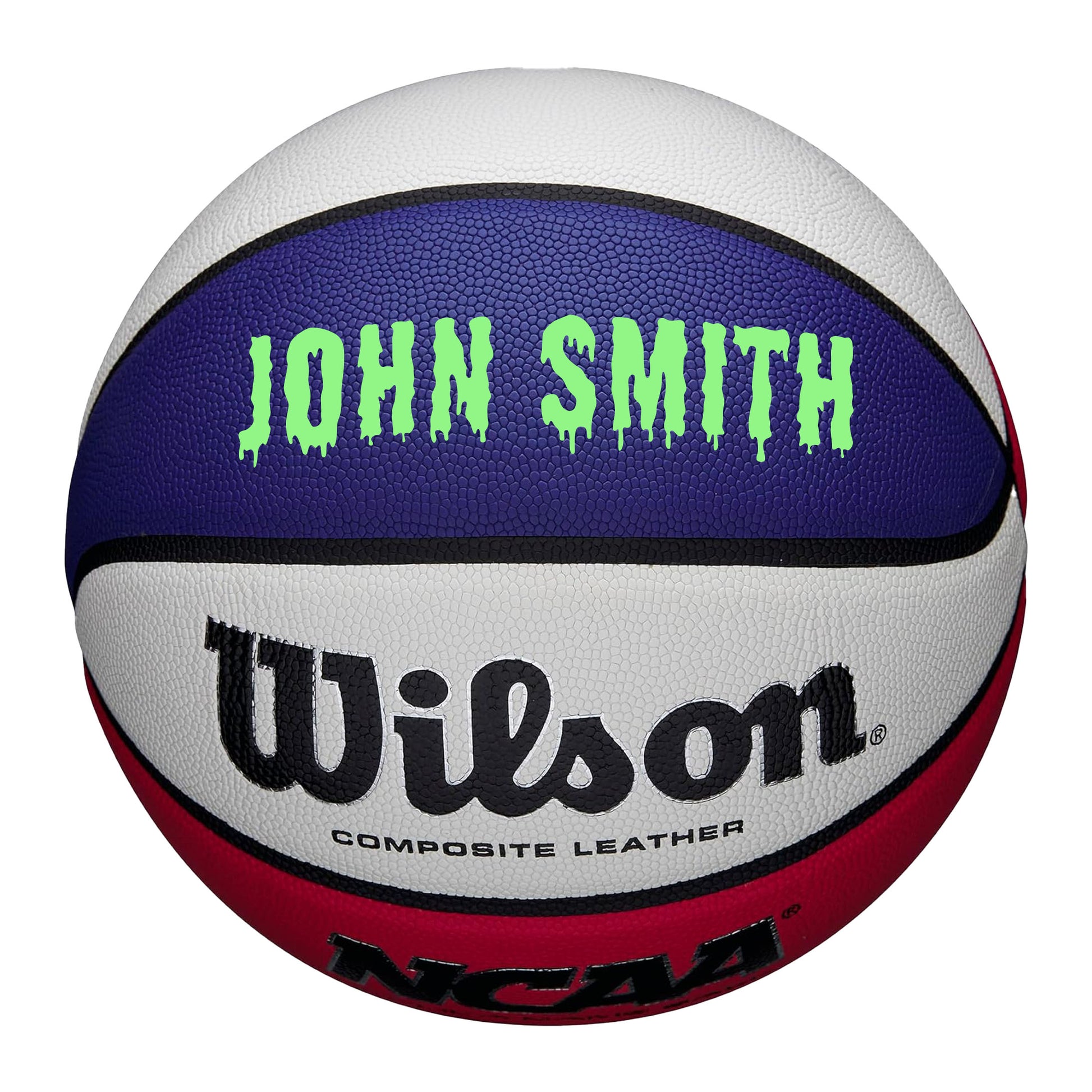 Customized Wilson Red White and Blue Basketball with Green Text