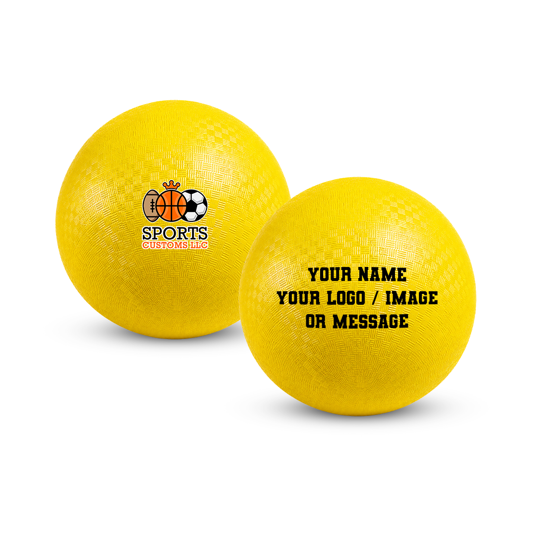 1 ball of personalized Yellow rubber, Kick Balls featuring custom name, logo, image, UV print or message with textured playground ball surface for schools, sports teams, PE classes, and recreational games.