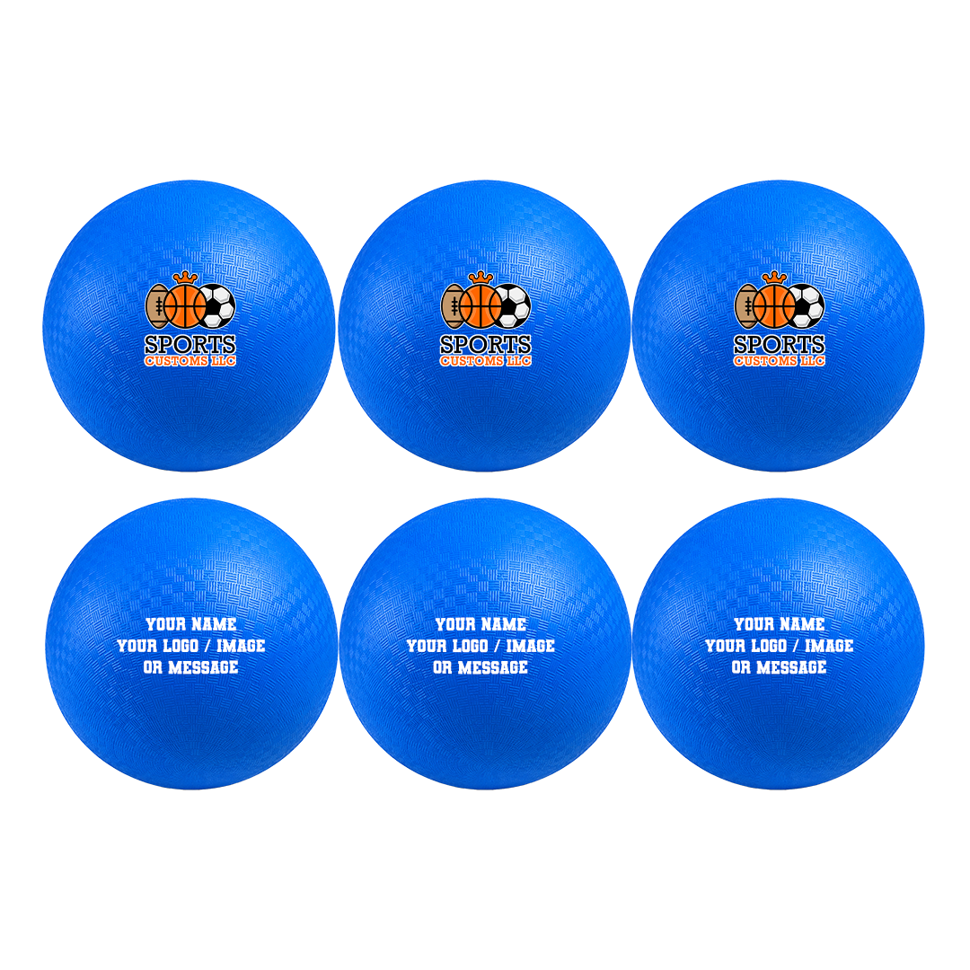 6 pack of personalized blue rubber  Kickballs featuring custom name, logo, image, UV print or message with textured playground ball surface for schools, sports teams, PE classes, and recreational games.
