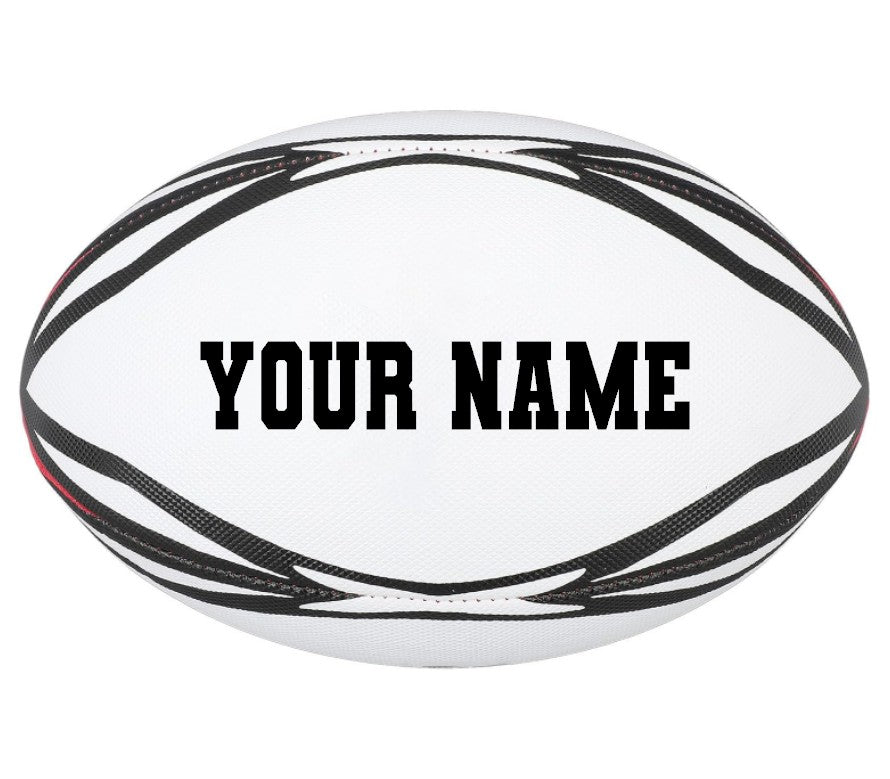 Customized Rugby Ball with custom text written on one panel.