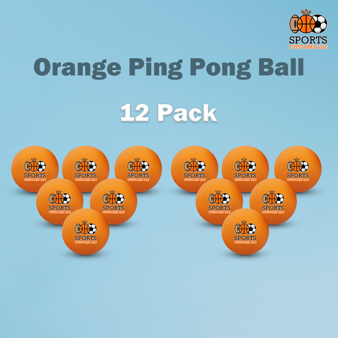 12-pack of orange ping pong balls with a brand logo on a blue background