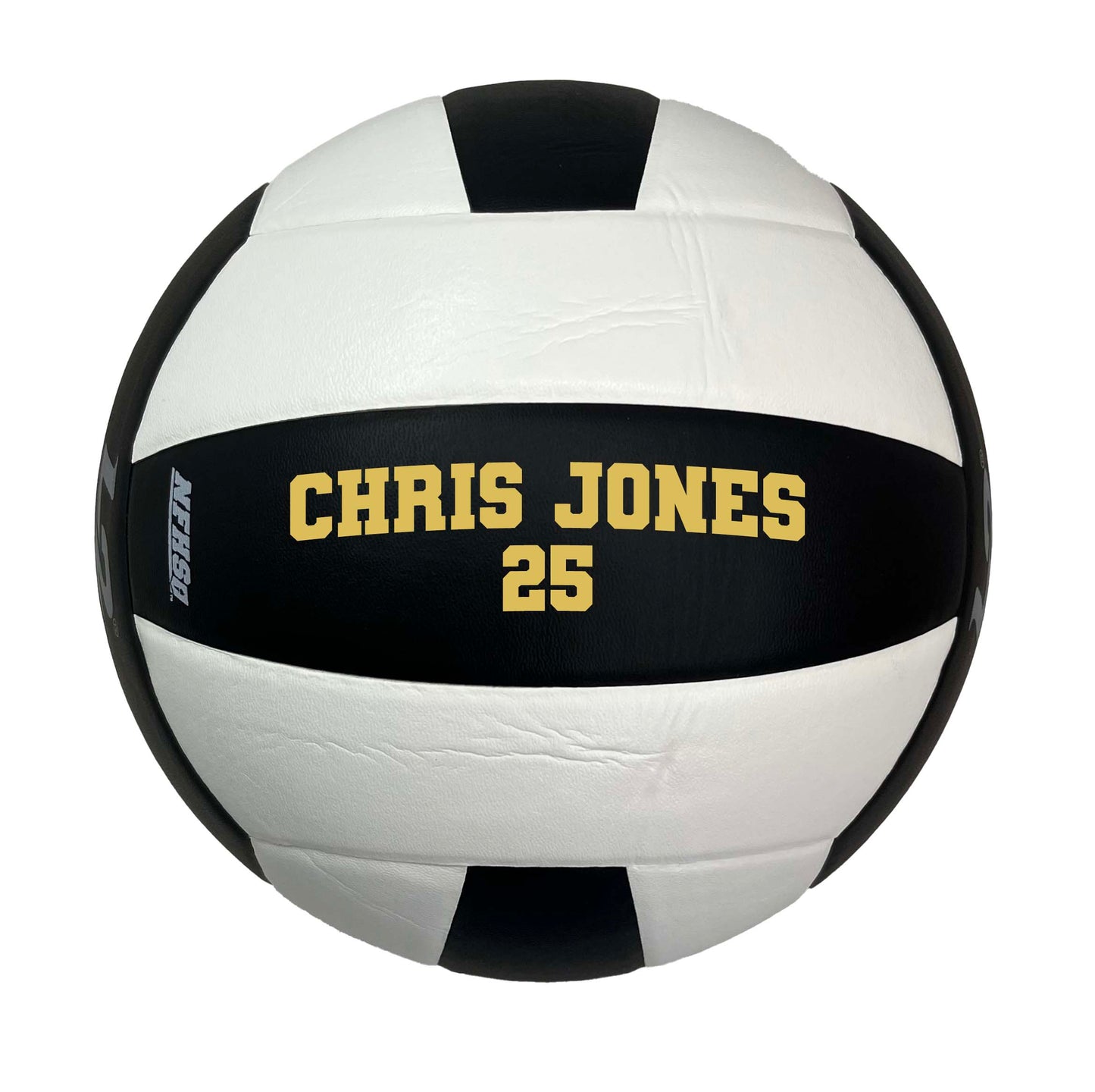 Custom Molten L2 Black and white Volleyball with 2 lines color gold text in Varsity font. 