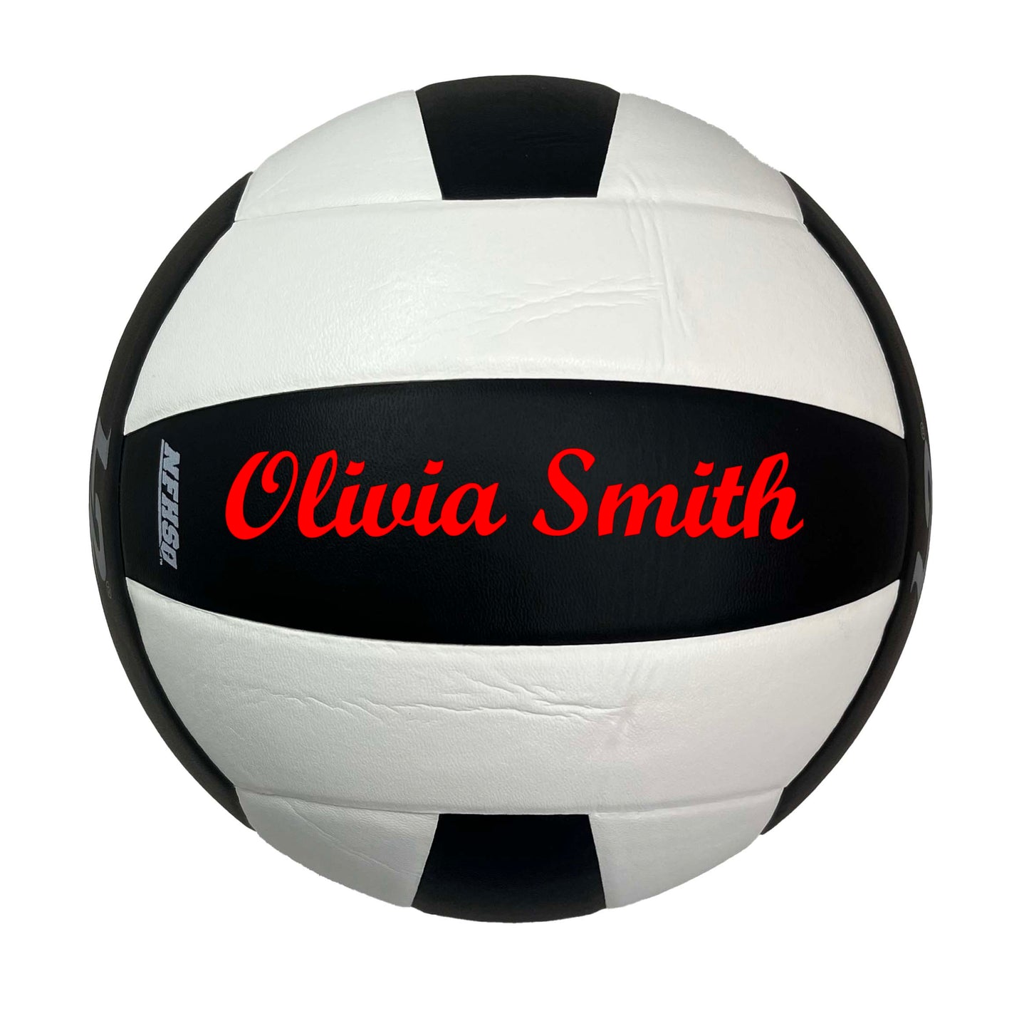 Custom Molten L2 Black and white Volleyball with Color Red text in Script MT Bold Font.