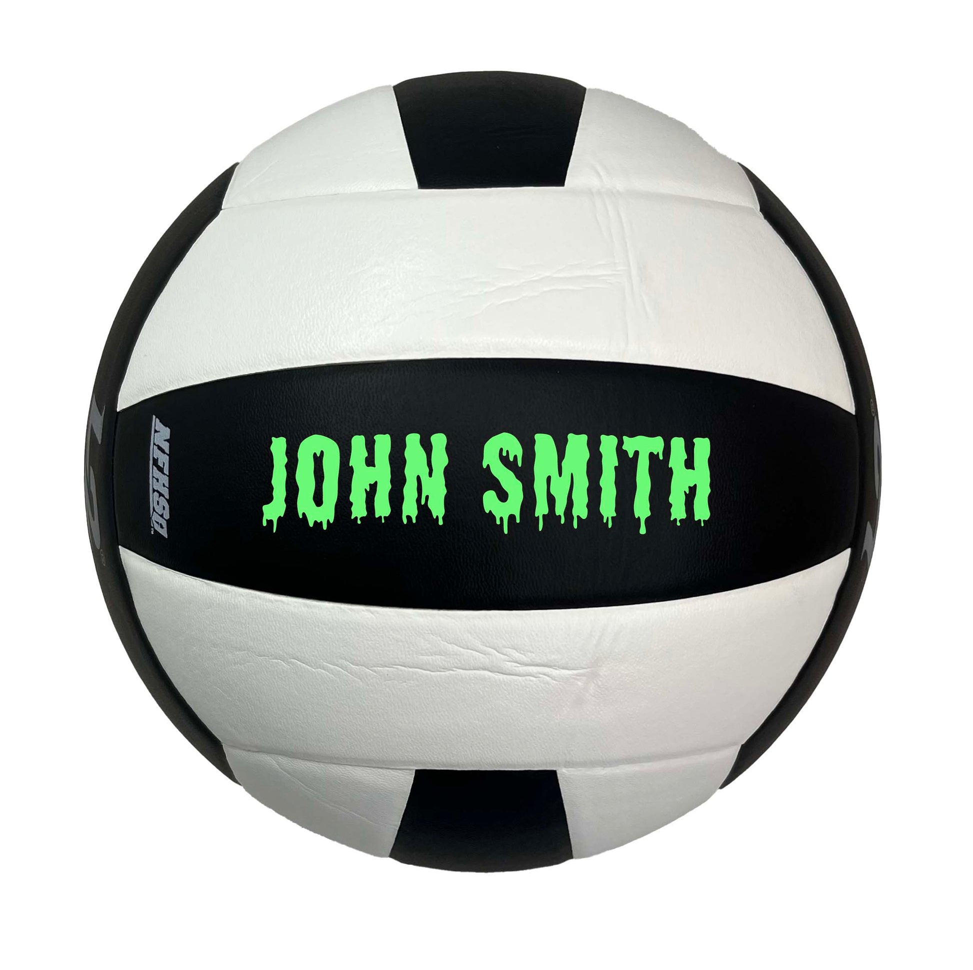 Custom Molten L2 Black and white Volleyball with Color Bright Green text in Drip Font.