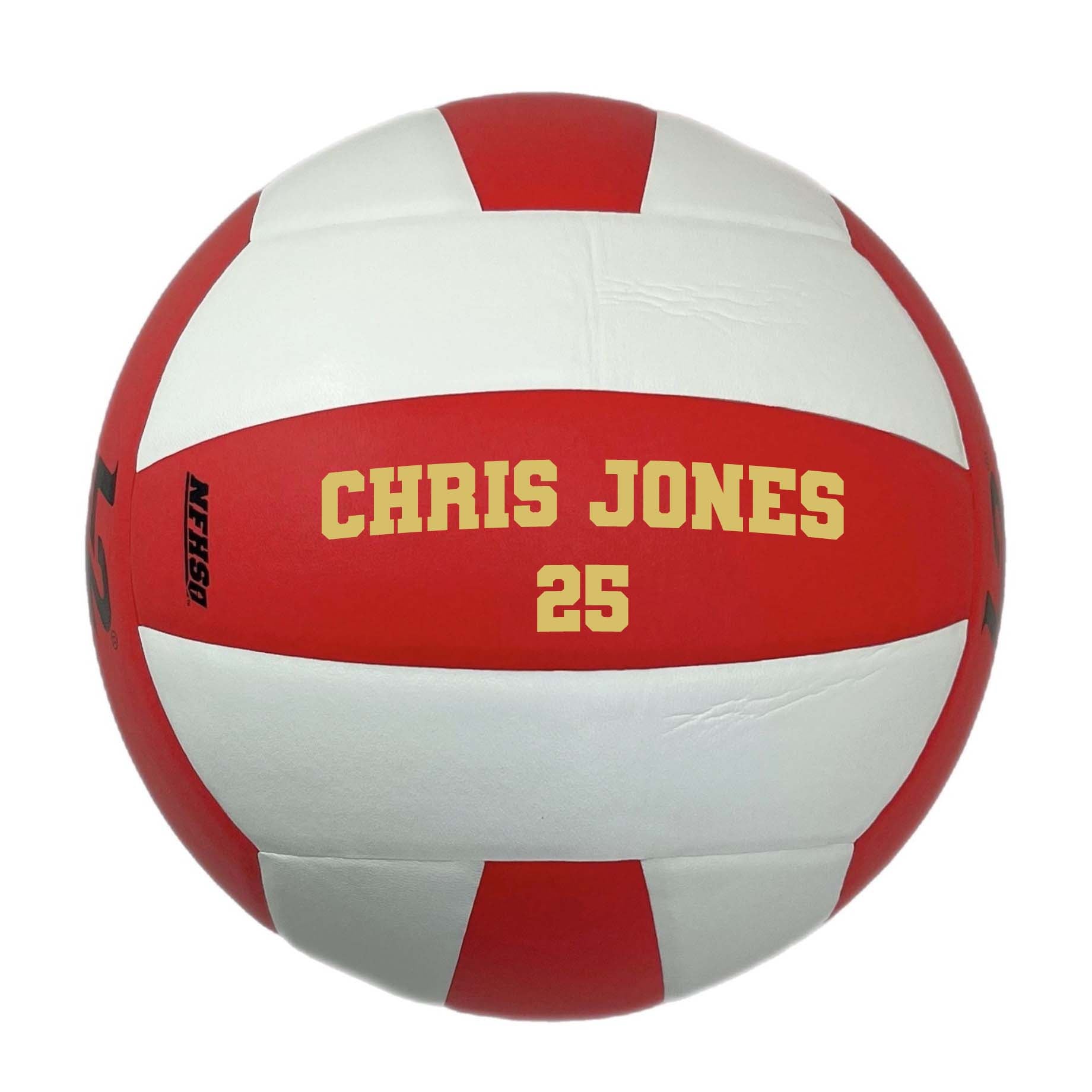 Customized Molten L2 Red and White Volleyball 2 lines text in Varsity Team Font in color Gold.