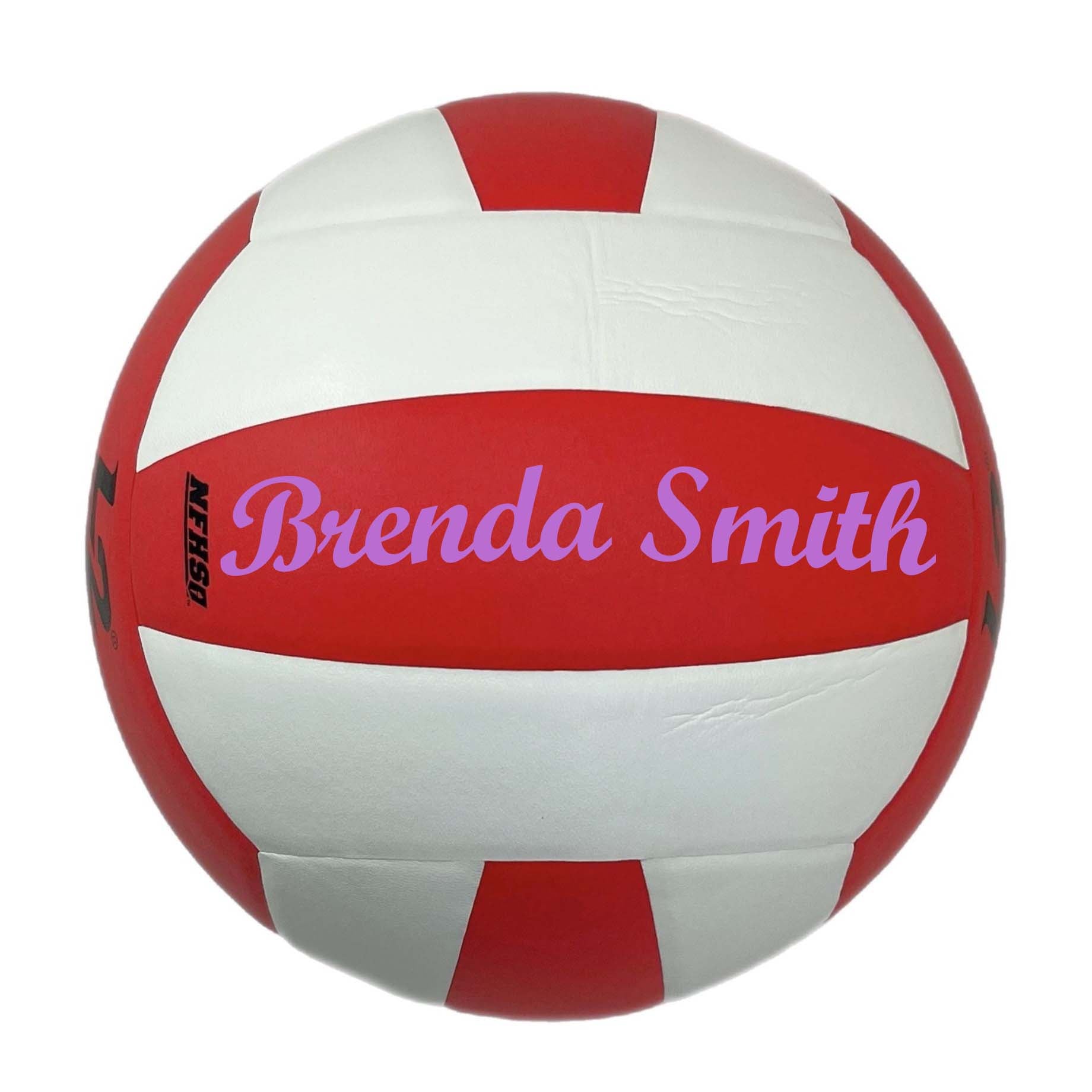 Customized Molten L2 Red and White Volleyball Script MT Bold Font in color Purple.