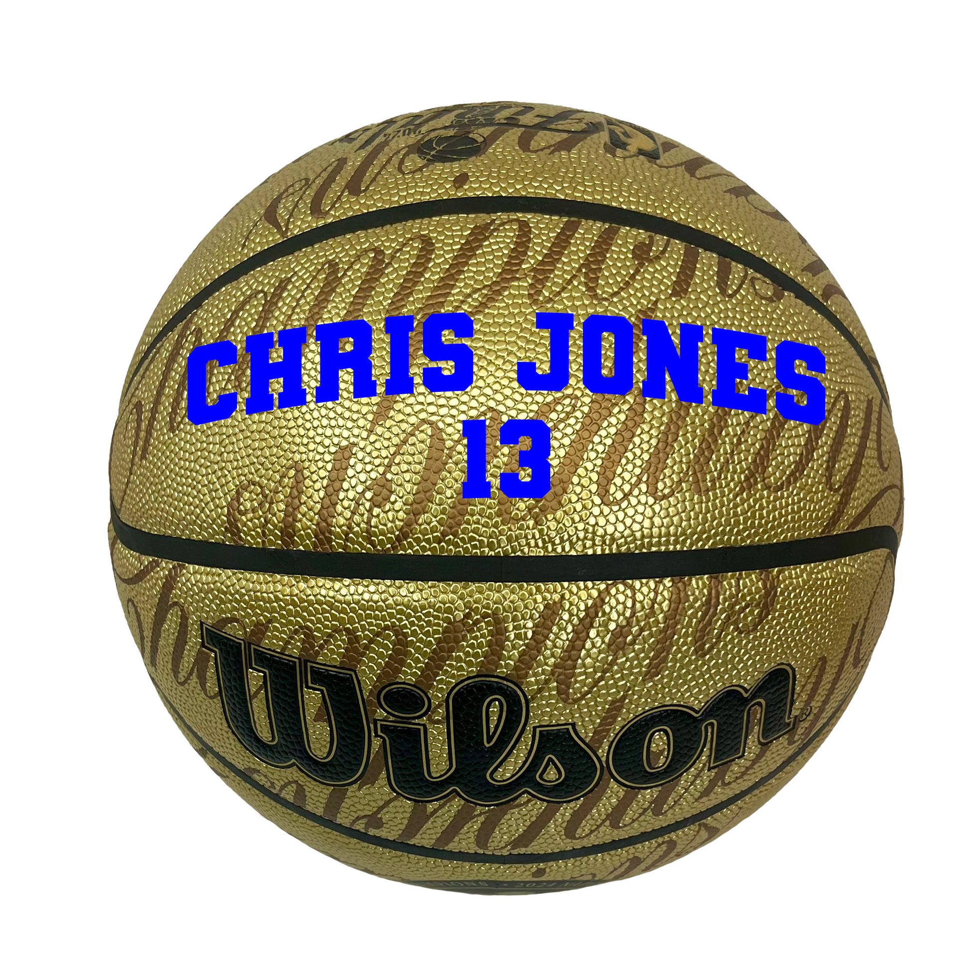 Customized 2024 NBA Championship Boston Celtics Basketball Varsity Font in 2 line color blue text.