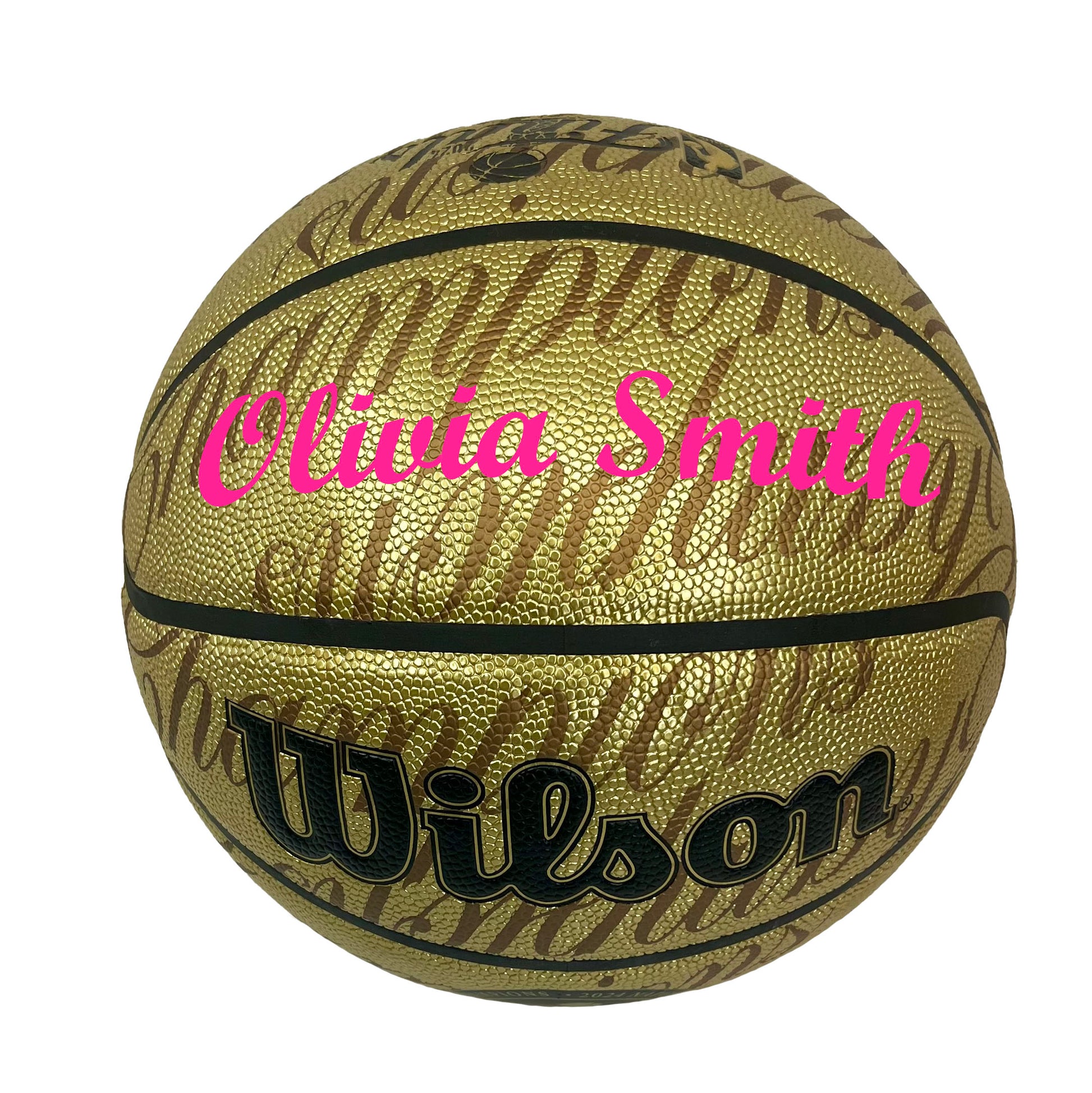 Customized 2024 NBA Championship Boston Celtics Basketball Script MT Bold font in color pink text.