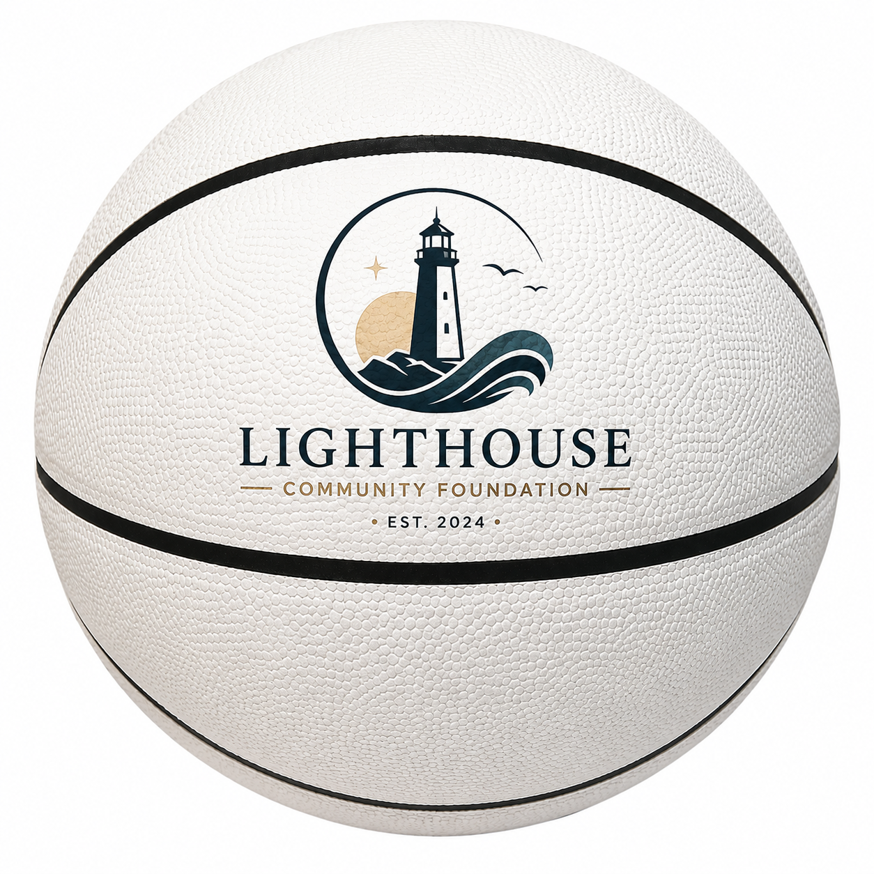 Customized All White Basketball with custom logo printed on the top panel.