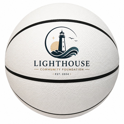 Customized All White Basketball with custom logo printed on the top panel.