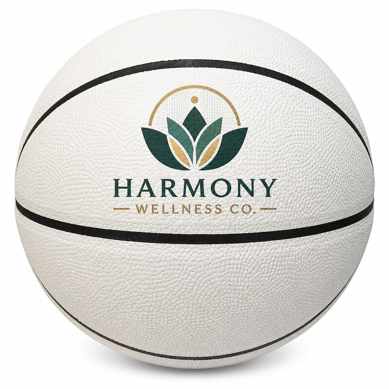 Customized All White Basketball with a custom logo printed on the top panel.