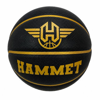 Customized Hammet Black and Gold Basketball with custom logo printed on the top panel.