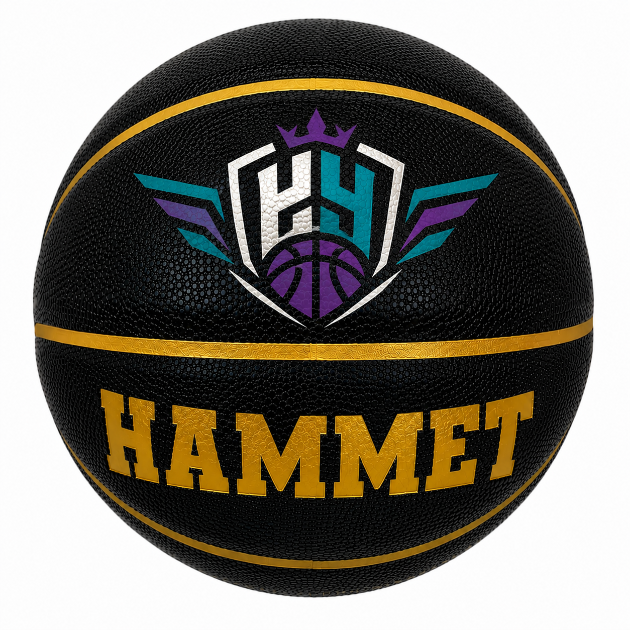 Customized Hammet Black and Gold Basketball with a custom logo printed on the top panel.
