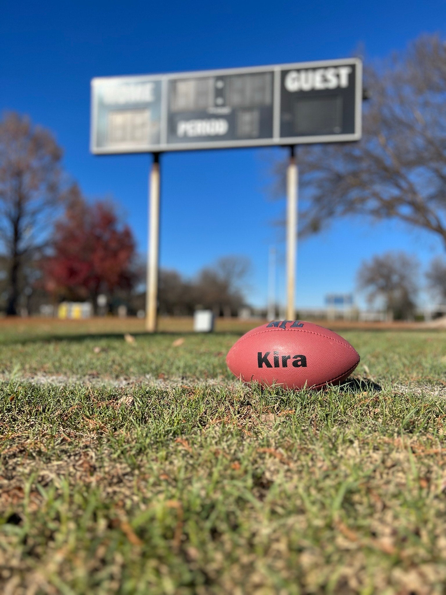 Customized Wilson NFL MVP Football with Custom Text in Black on Grass Background