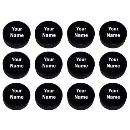 Customized Hockey Pucks 12 Pack Personalized with Custom Text of Player Names