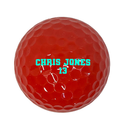 Customized Personalized Red Golf Balls 3 pack Glow in the dark in varsity team font