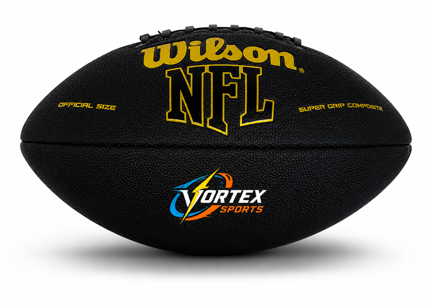 Customized Personalized Wilson Black and Gold Football with a custom logo printed on the bottom panel.